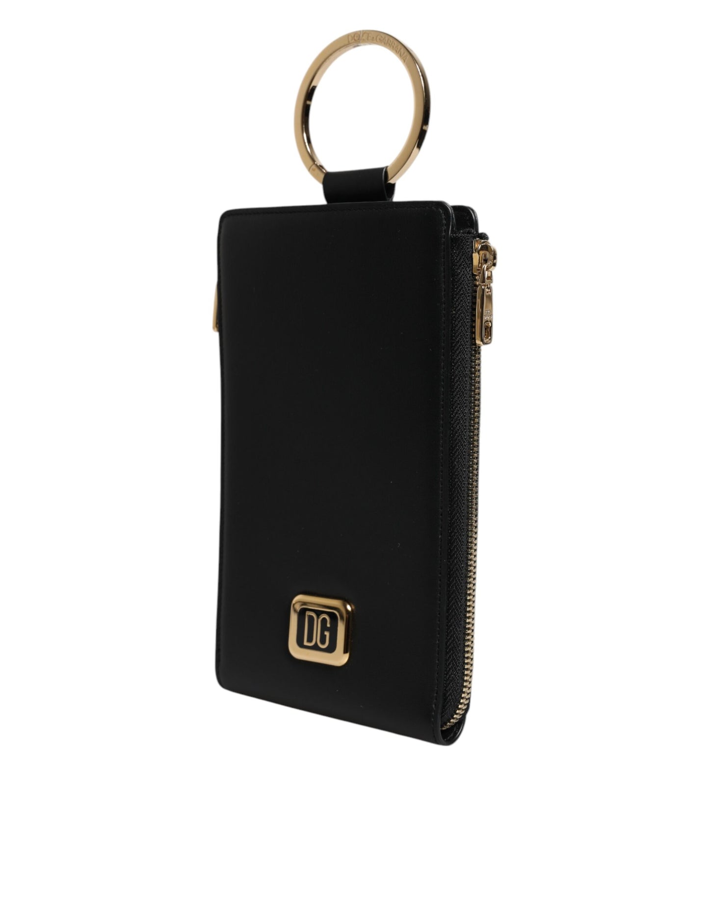 Cartera para tarjetas y monedas con correa para el cuello y placa con logotipo de cuero negro