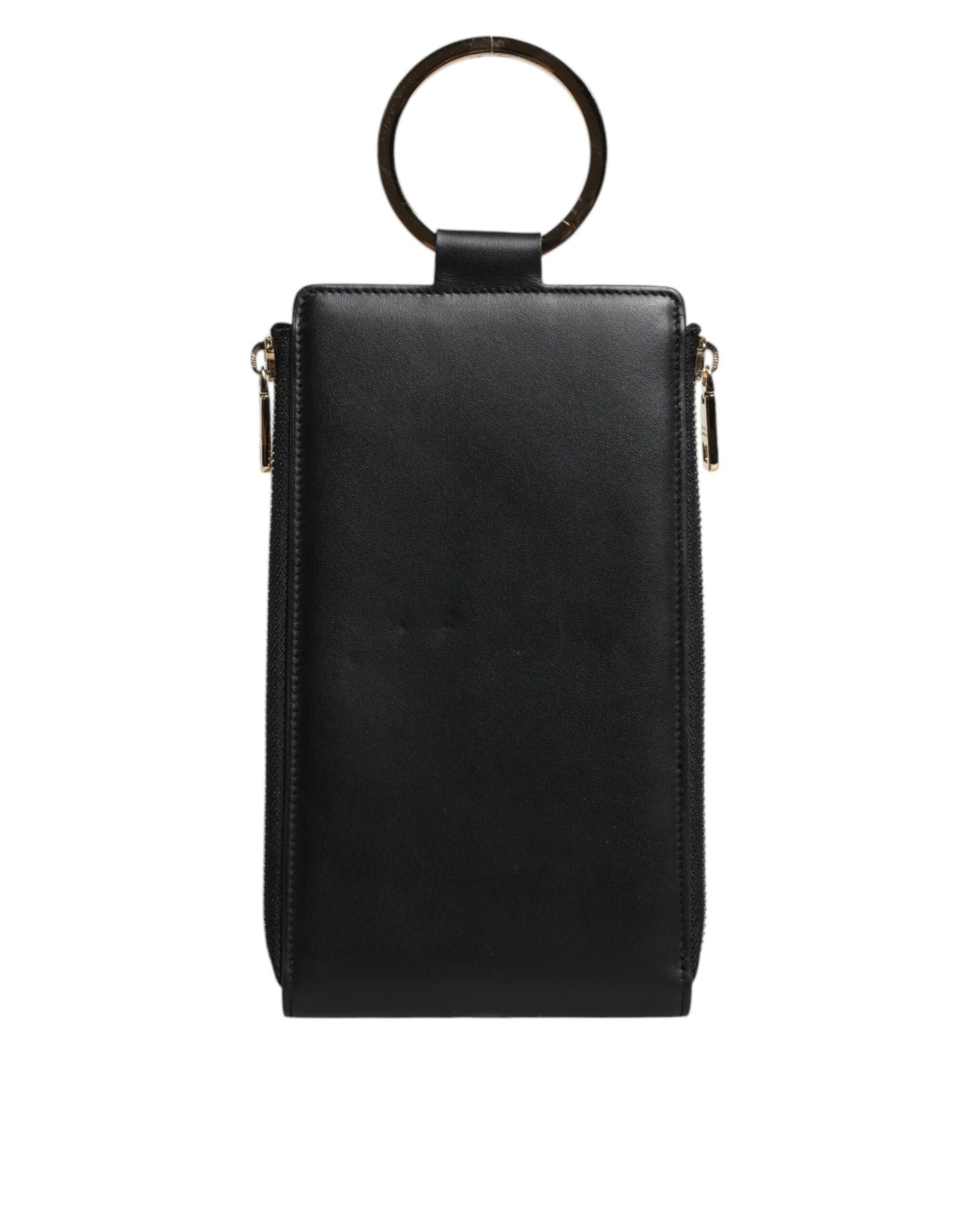 Cartera para tarjetas y monedas con correa para el cuello y placa con logotipo de cuero negro