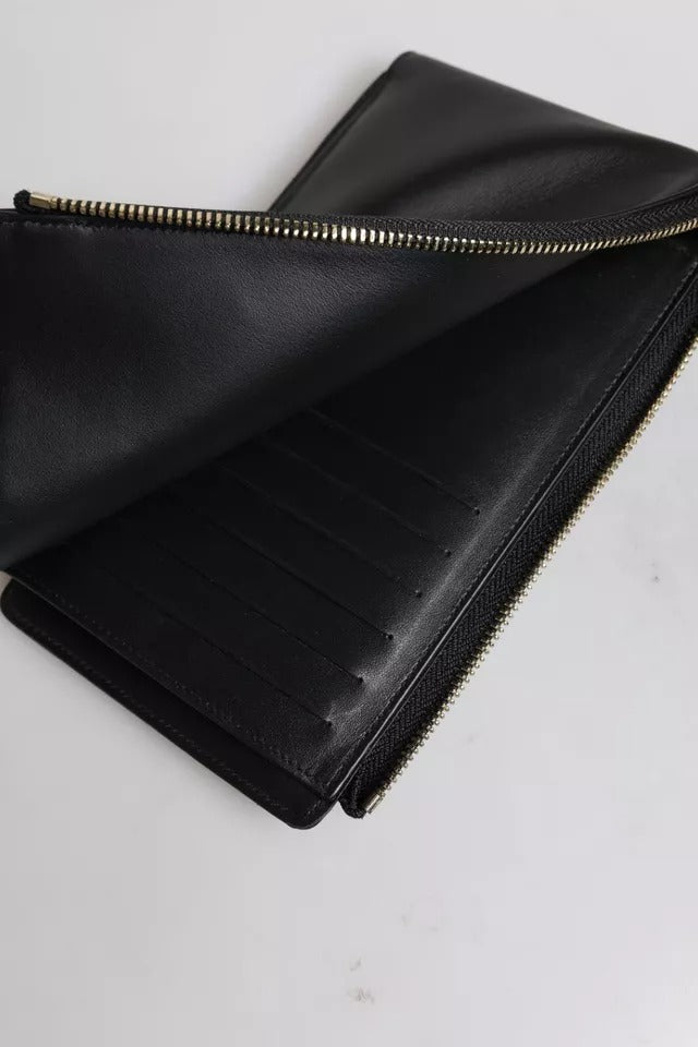 Cartera para tarjetas y monedas con correa para el cuello y placa con logotipo de cuero negro