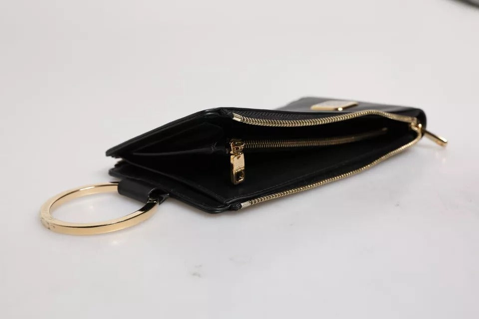 Cartera para tarjetas y monedas con correa para el cuello y placa con logotipo de cuero negro