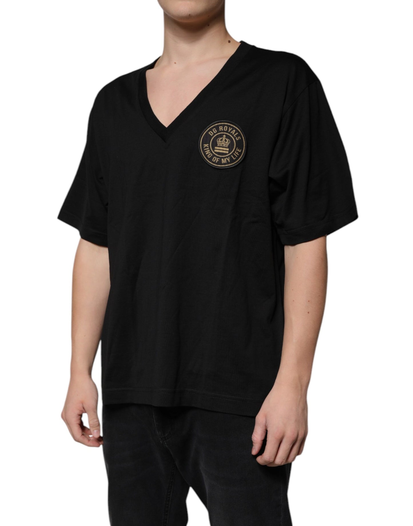T-shirt à manches courtes et col en V en coton noir avec logo