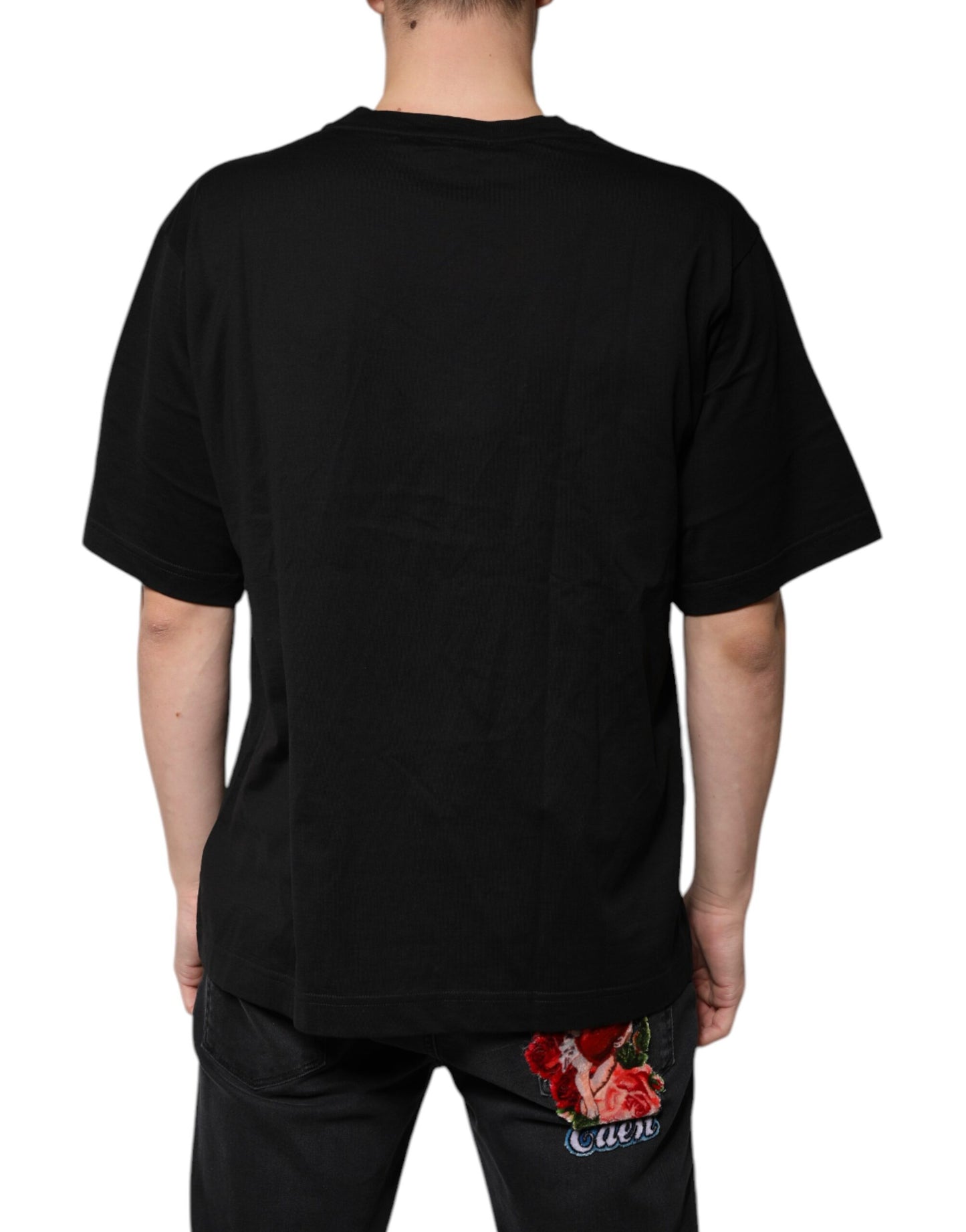 T-shirt à manches courtes et col en V en coton noir avec logo