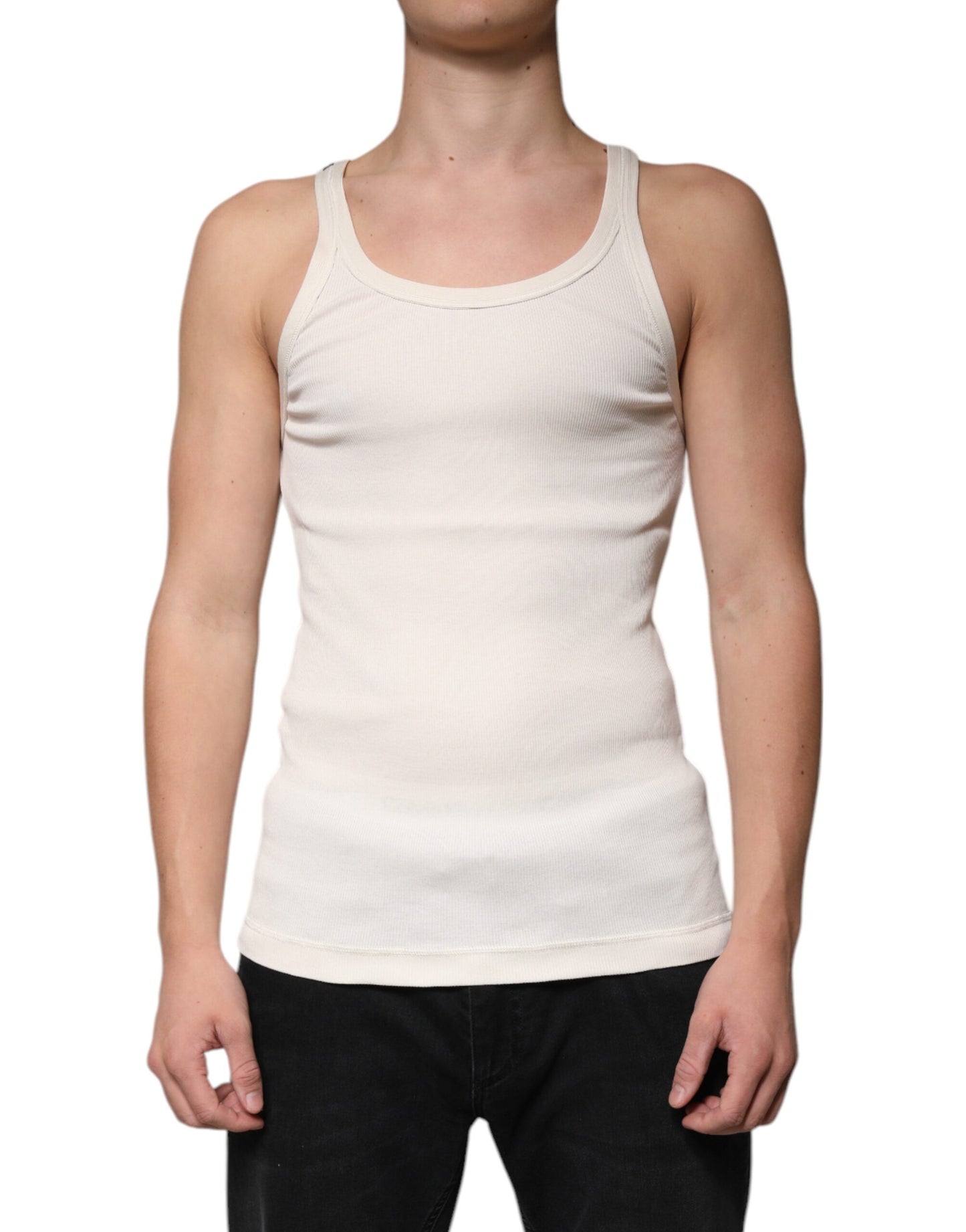 T-shirt col rond sans manches en coton blanc cassé