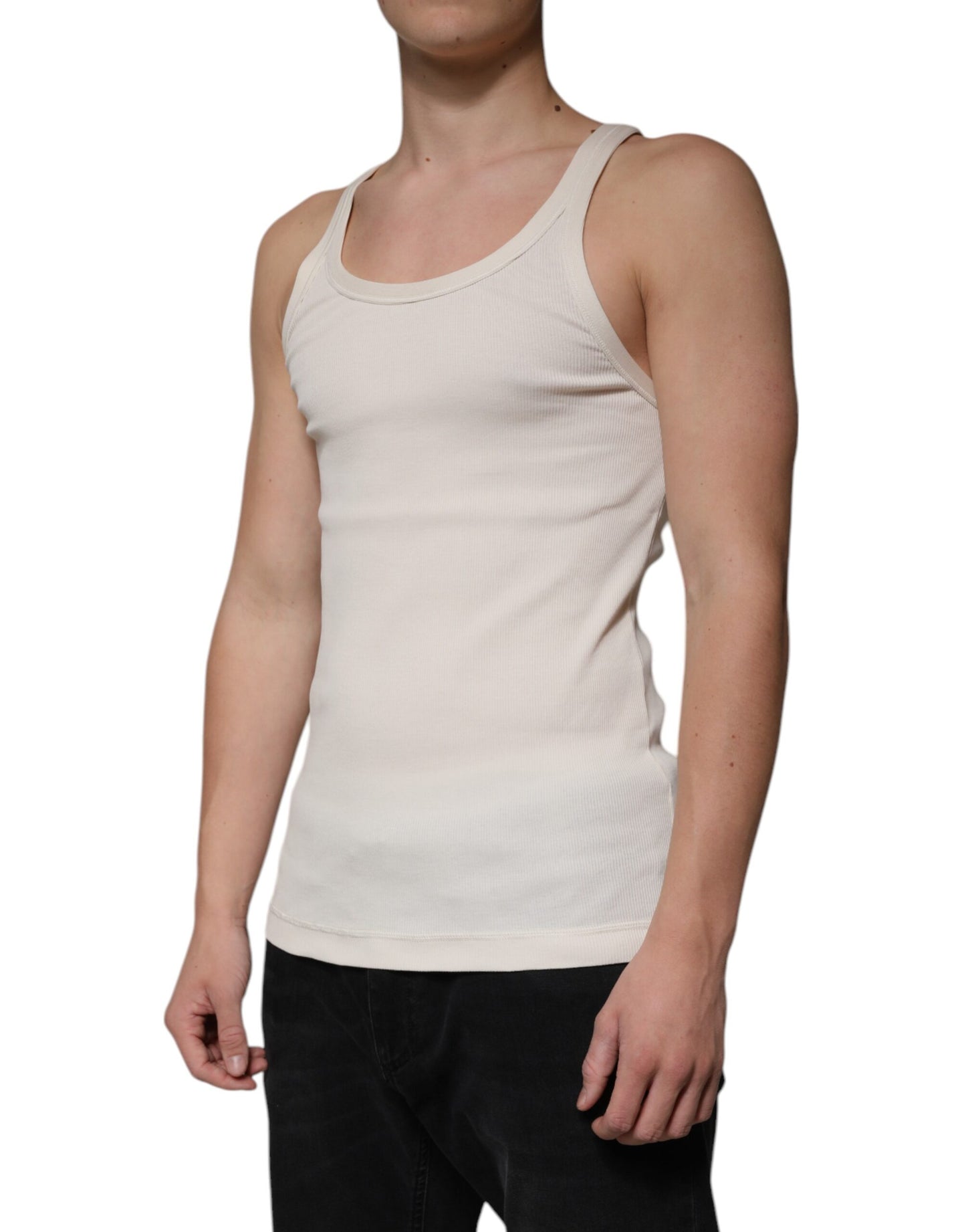 T-shirt col rond sans manches en coton blanc cassé