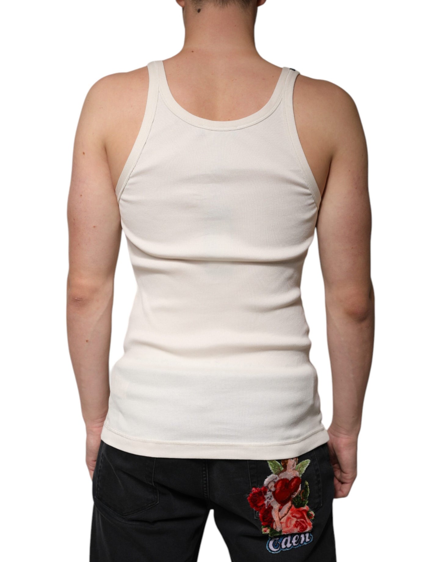 T-shirt col rond sans manches en coton blanc cassé