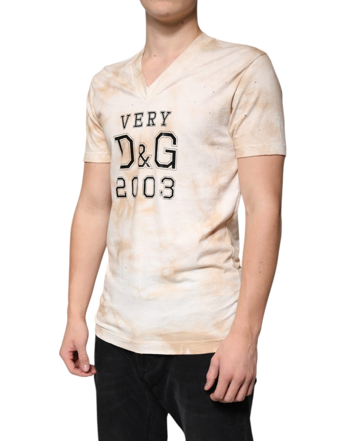 T-shirt col V en coton à imprimé graphique beige