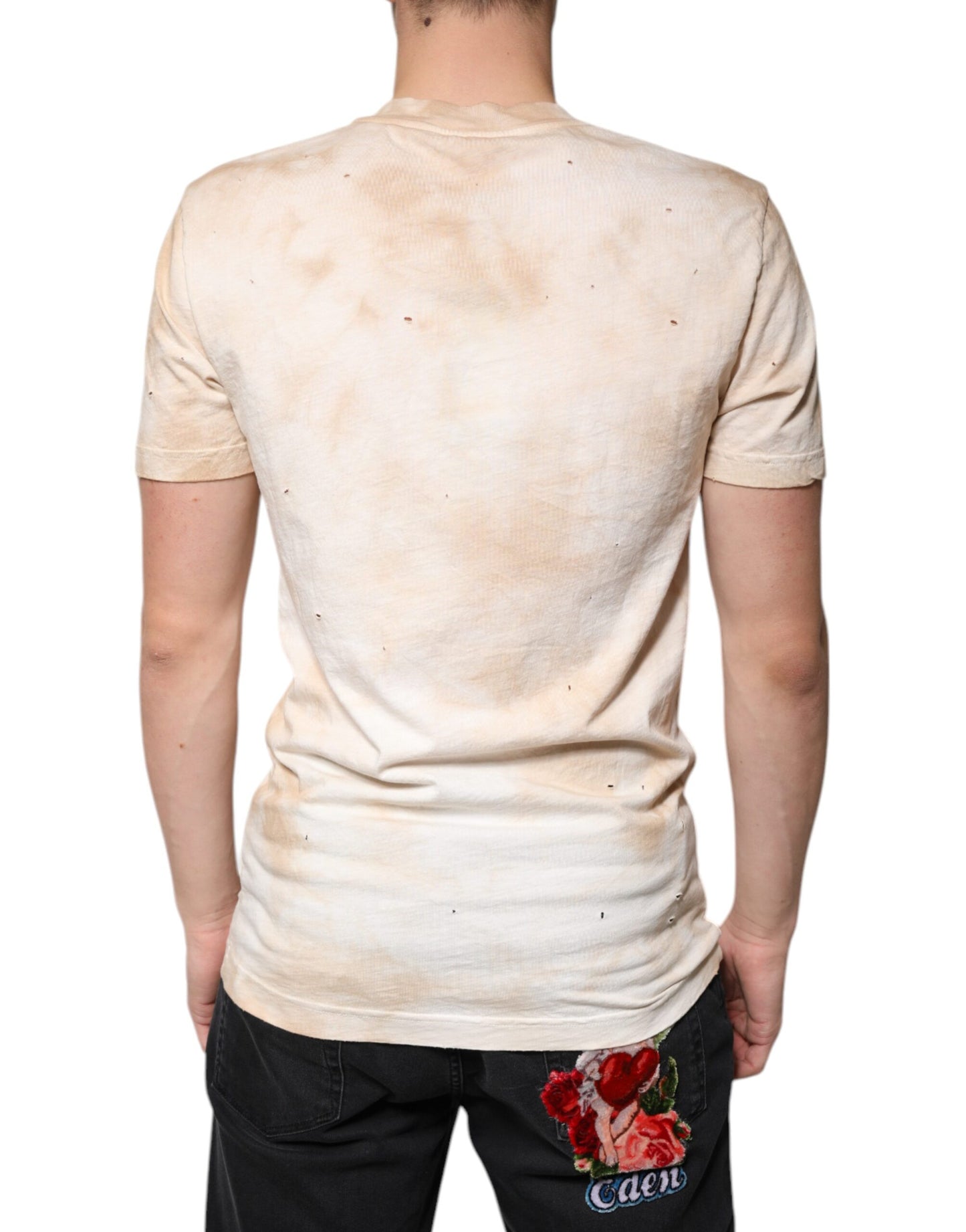 T-shirt col V en coton à imprimé graphique beige