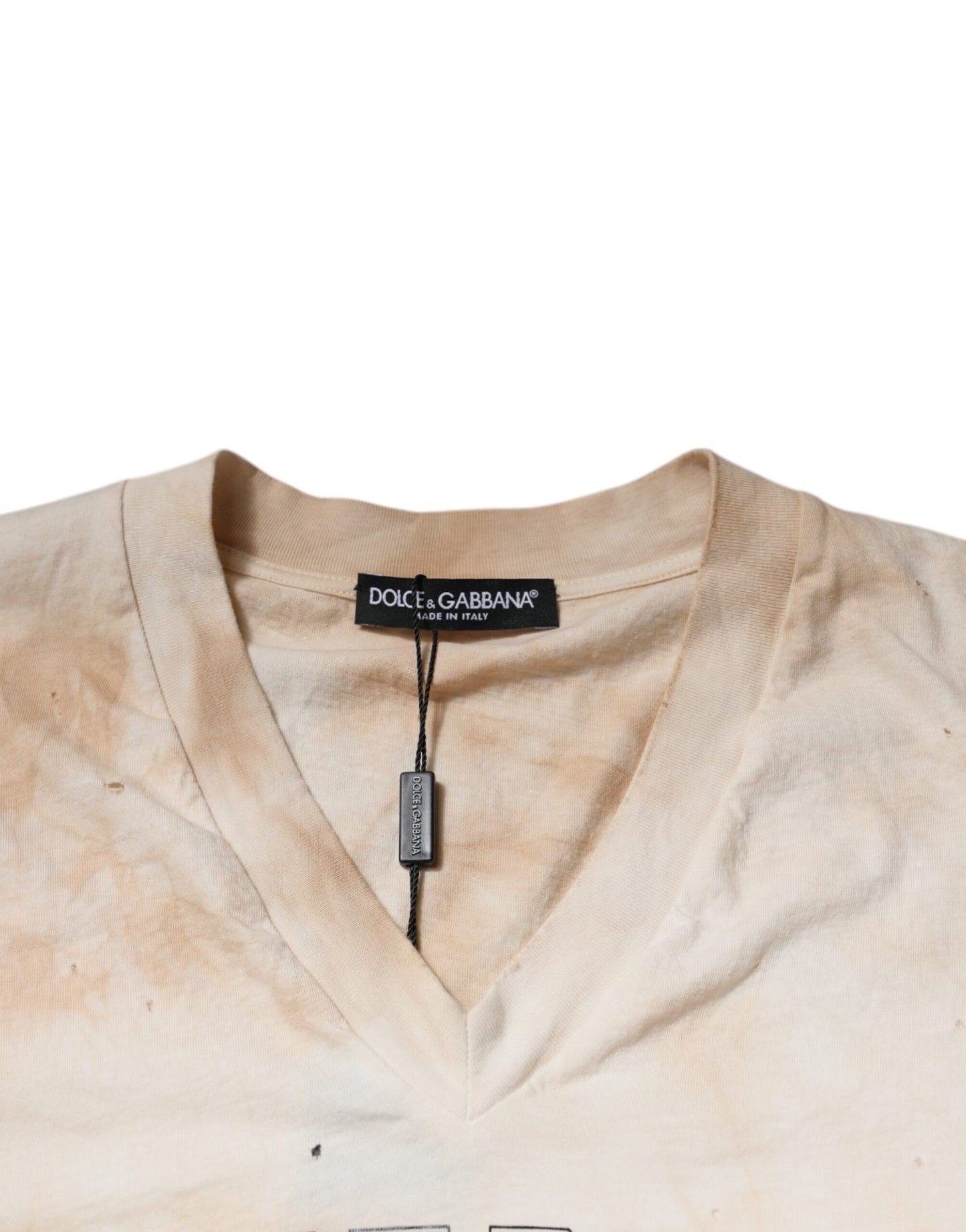 T-shirt col V en coton à imprimé graphique beige