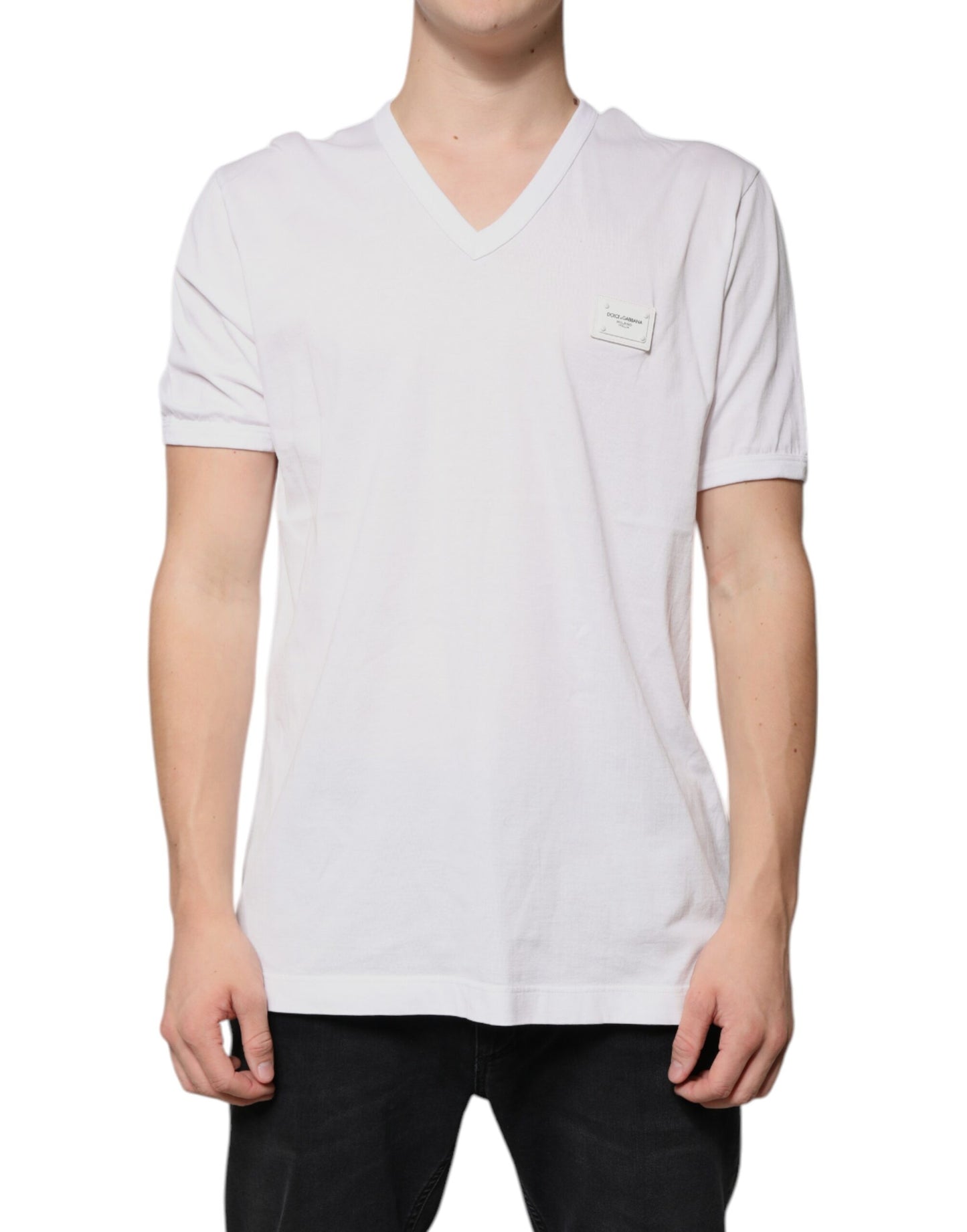 T-shirt à manches courtes et col en V avec logo blanc