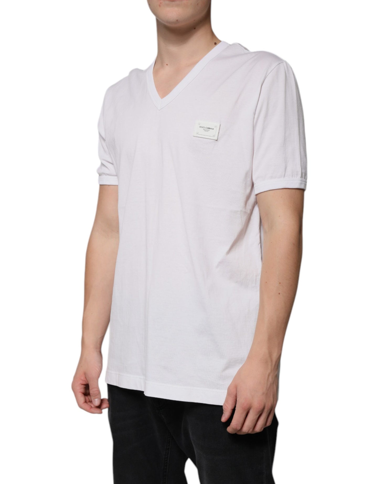 T-shirt à manches courtes et col en V avec logo blanc