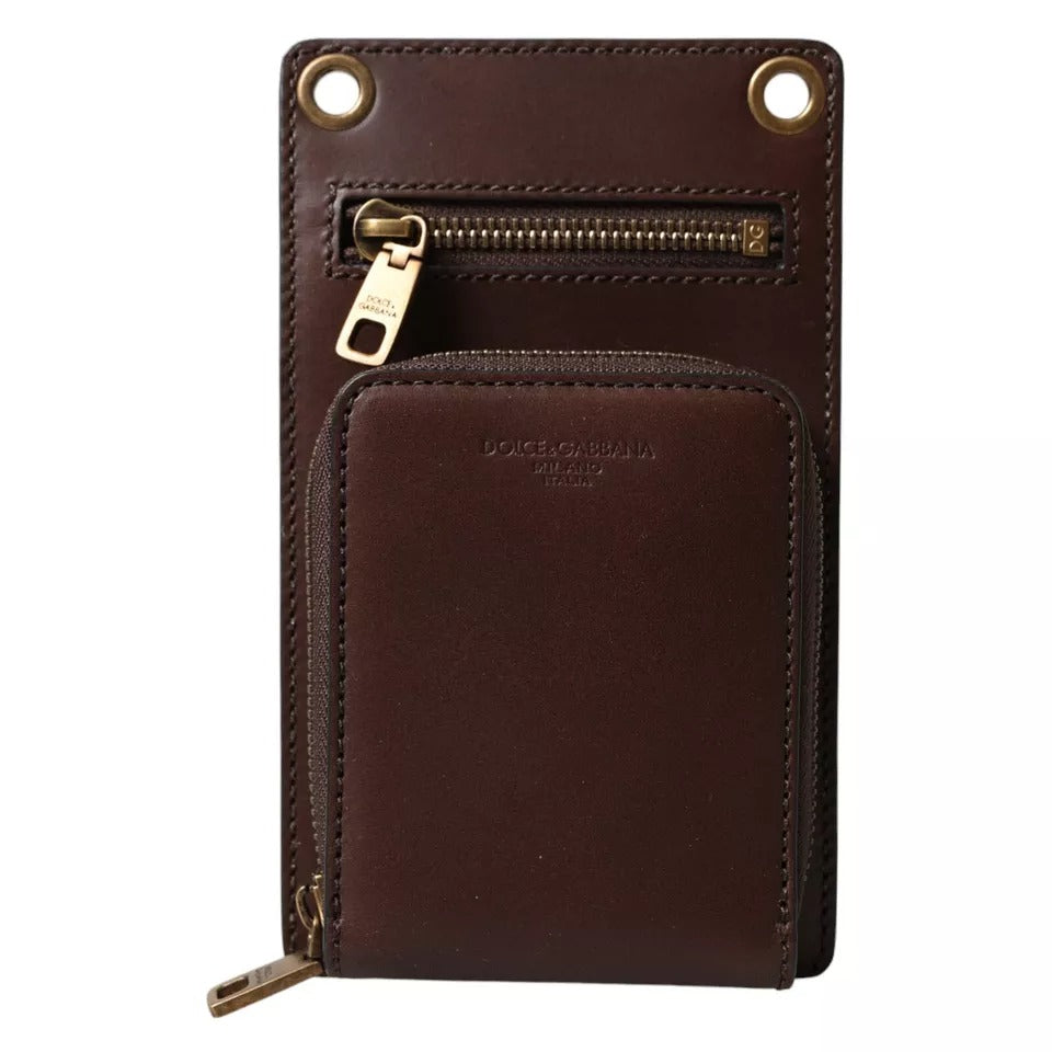 Cartera de piel de becerro marrón con cremallera y logotipo para llevar al hombro y al cuello