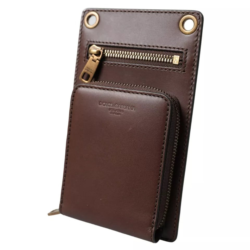 Cartera de piel de becerro marrón con cremallera y logotipo para llevar al hombro y al cuello
