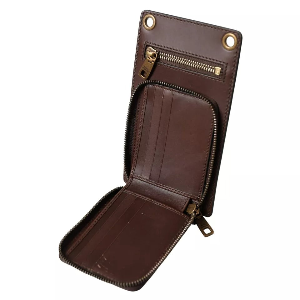 Cartera de piel de becerro marrón con cremallera y logotipo para llevar al hombro y al cuello