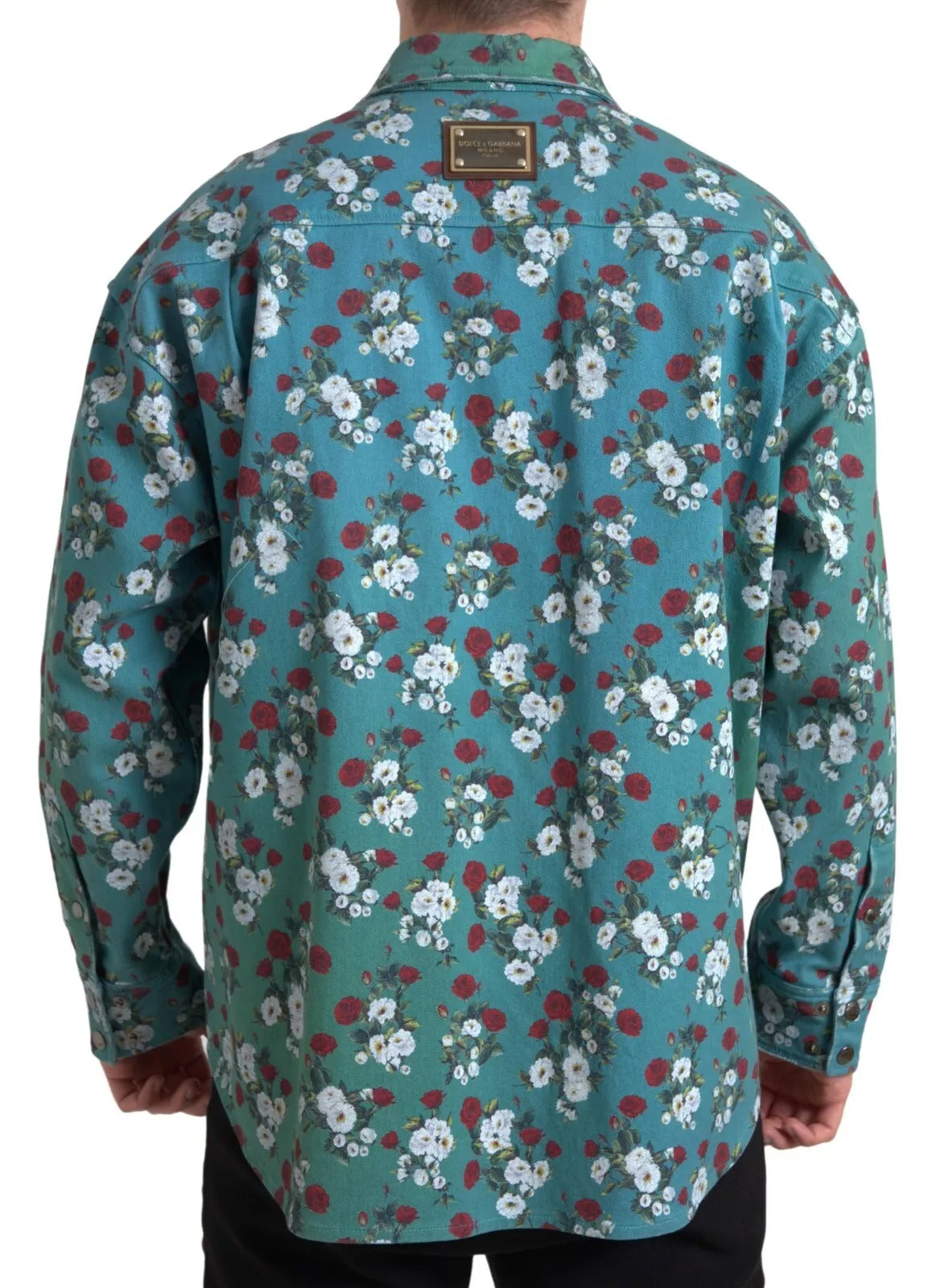Chemise en jean boutonnée en coton à fleurs bleues