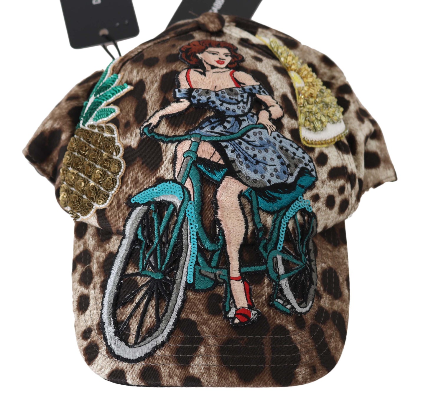 Gorra de béisbol con apliques de Sicilia y lentejuelas de leopardo marrón