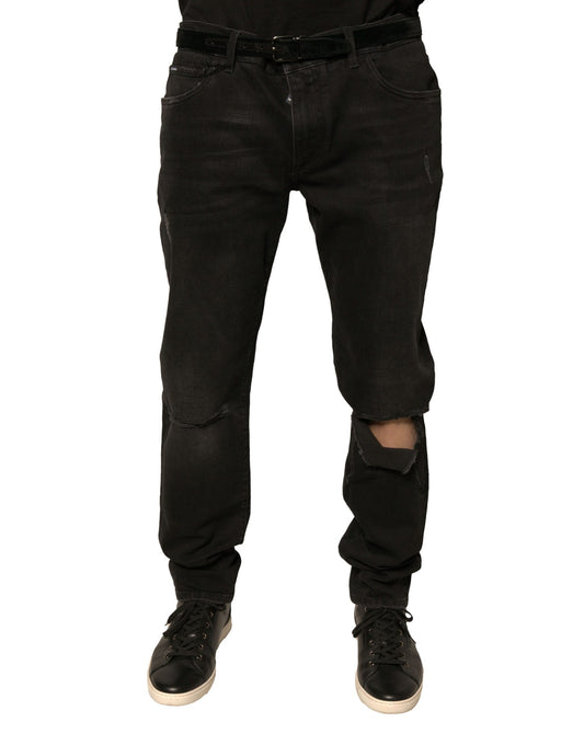 Jean skinny en coton noir déchiré avec logo