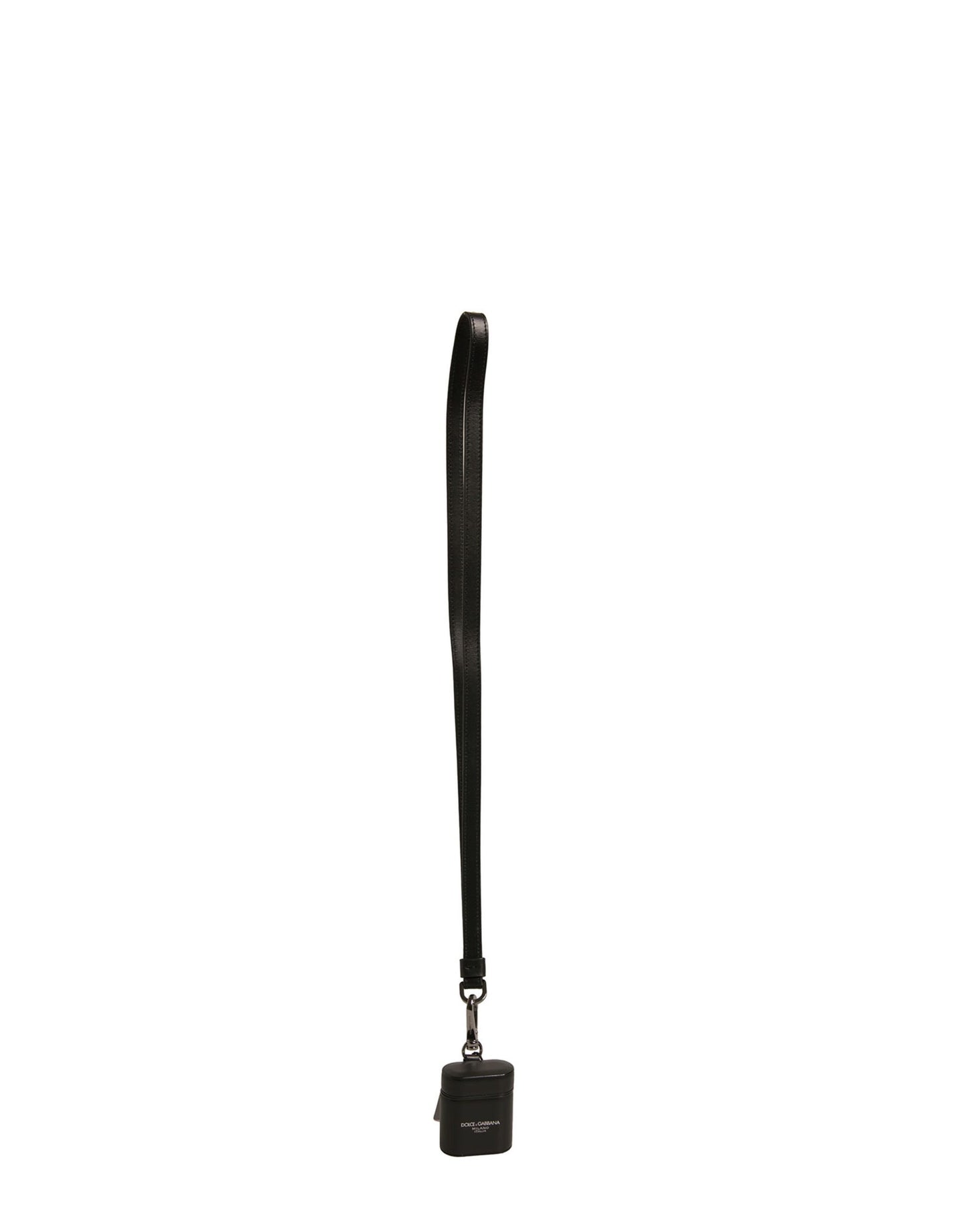 Estuche para Airpods con correa de metal plateada y logotipo de cuero negro