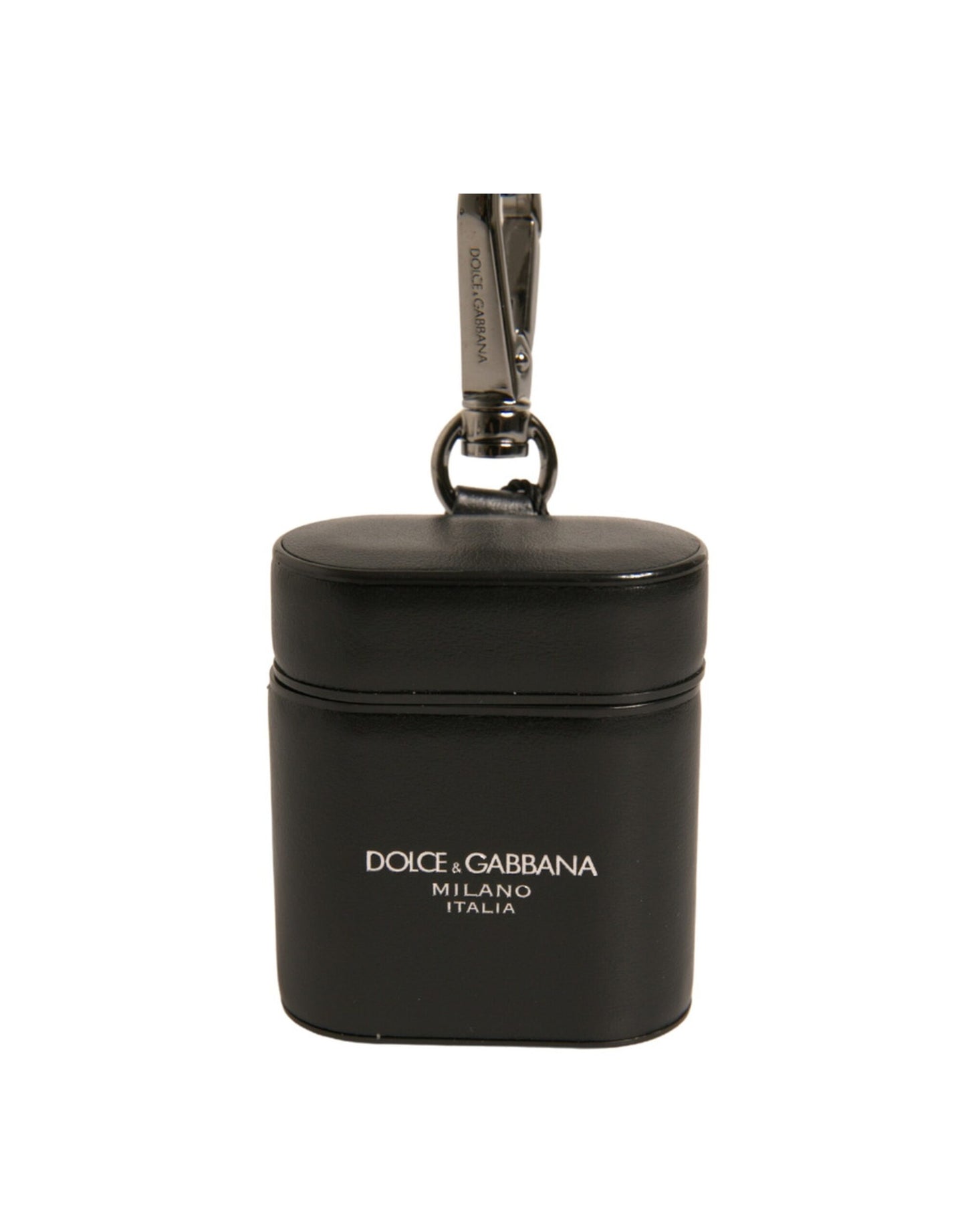 Estuche para Airpods con correa de metal plateada y logotipo de cuero negro