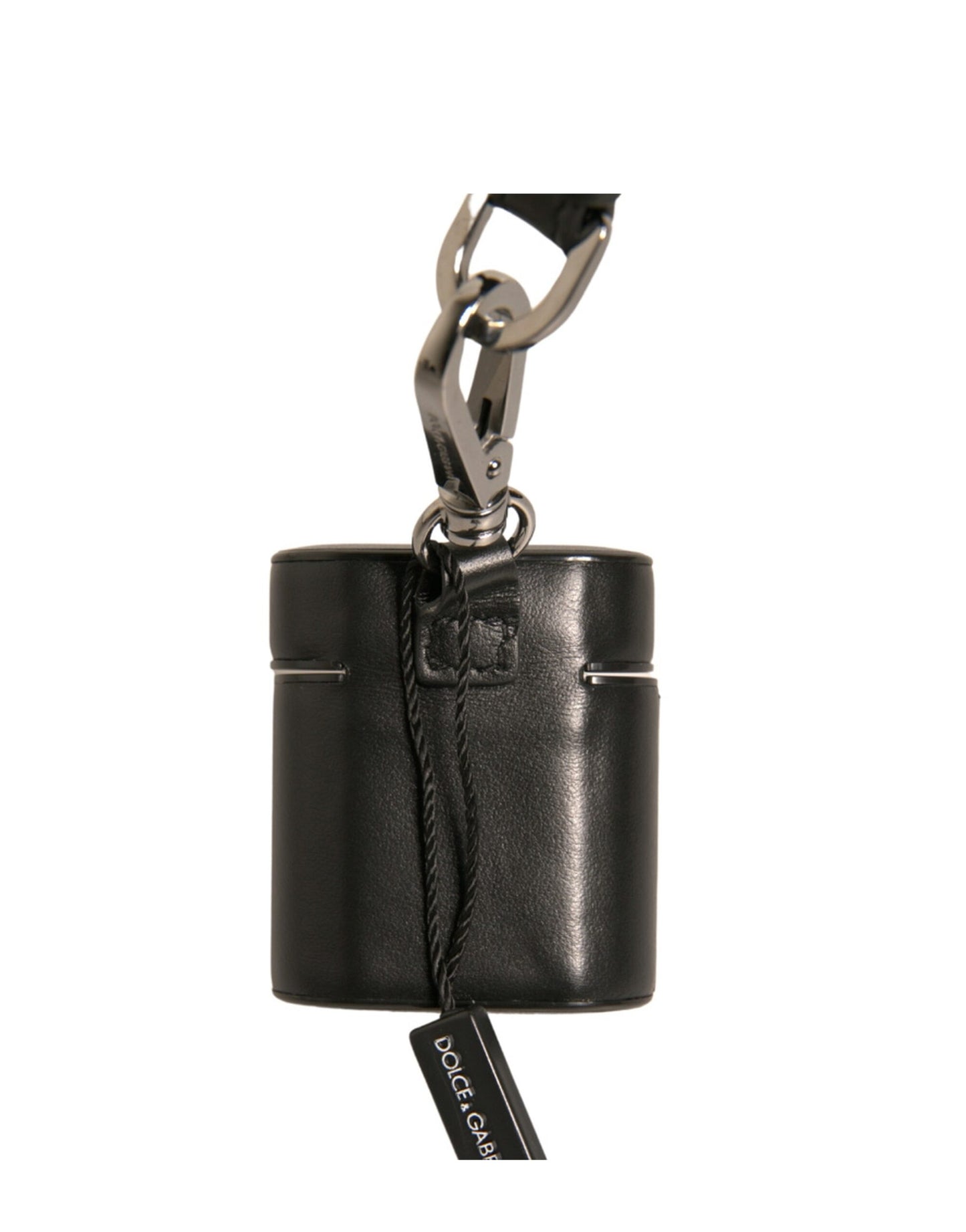 Estuche para Airpods con correa de metal plateada y logotipo de cuero negro