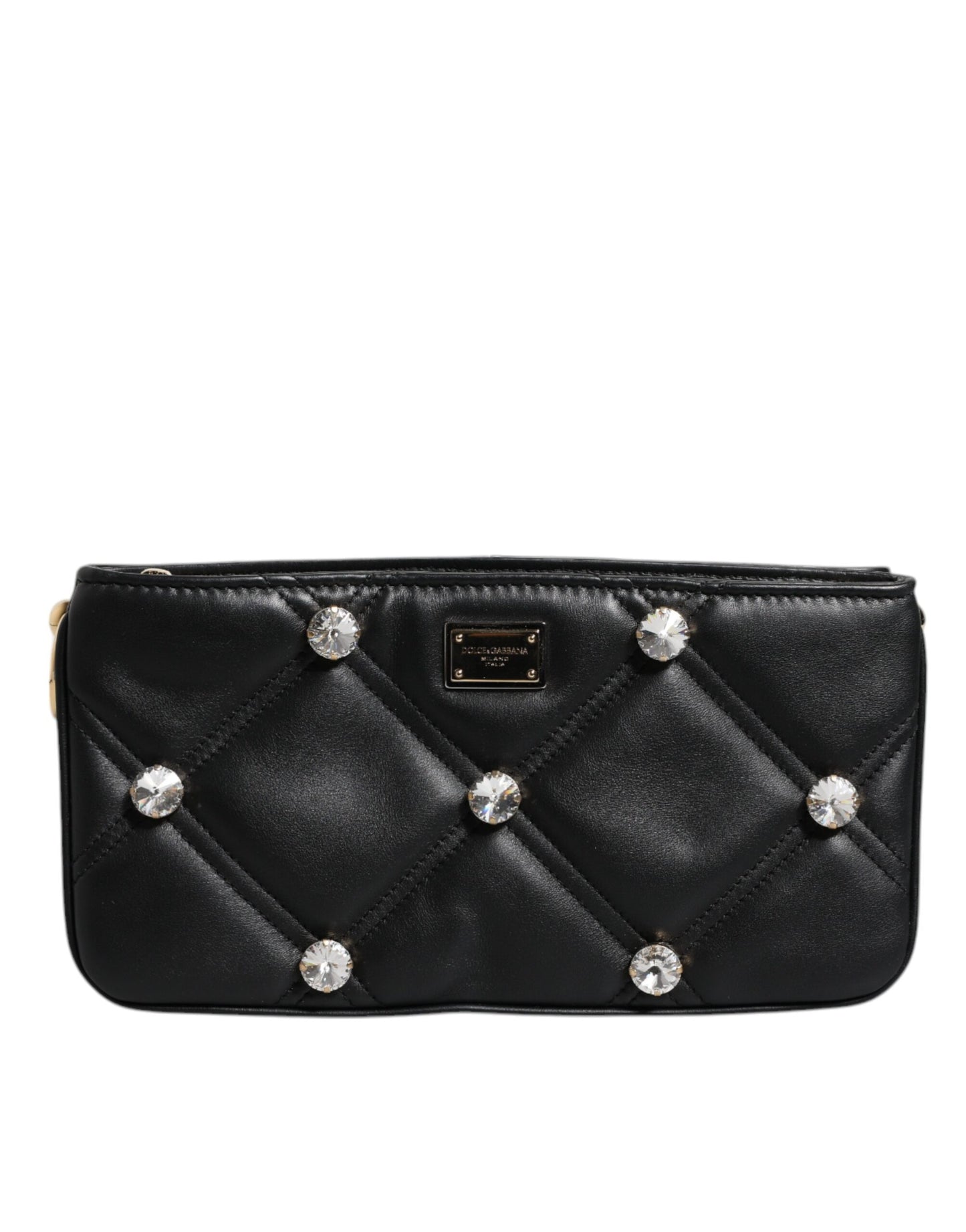 Bolso de hombro de cuero negro con logotipo adornado con cristales