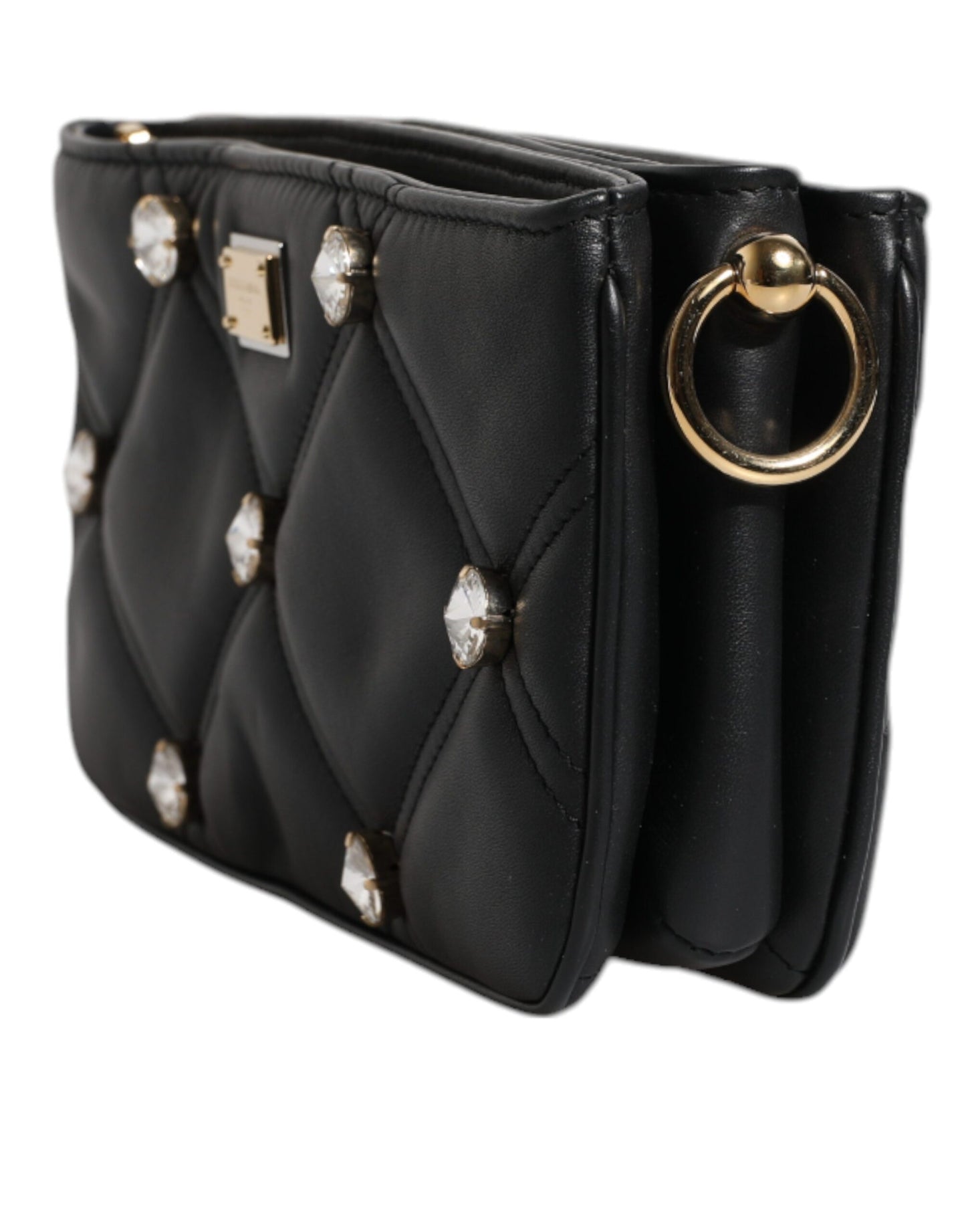 Bolso de hombro de cuero negro con logotipo adornado con cristales