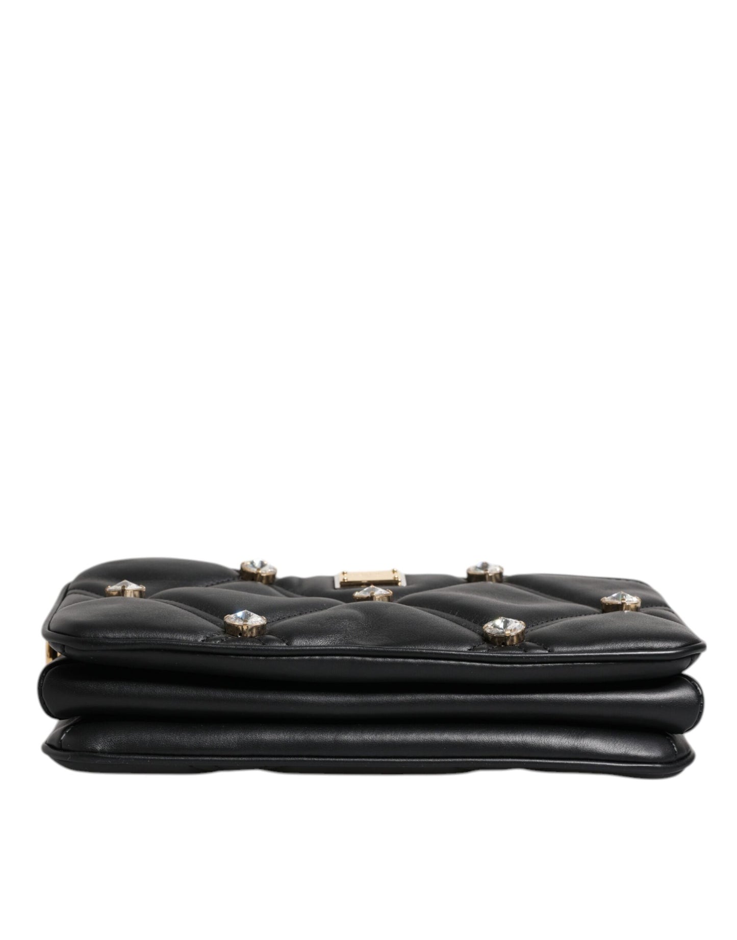 Bolso de hombro de cuero negro con logotipo adornado con cristales