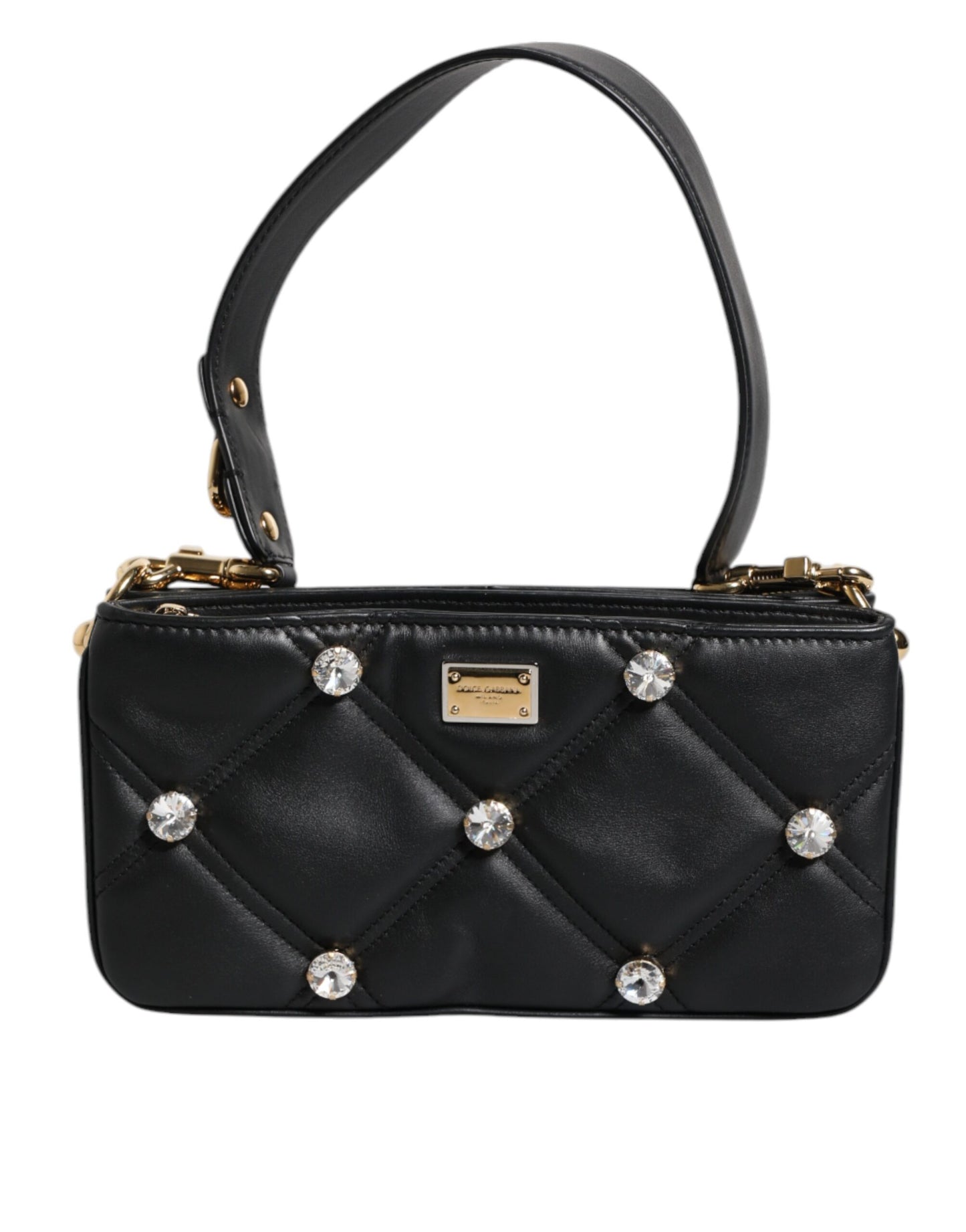 Bolso de hombro de cuero negro con logotipo adornado con cristales