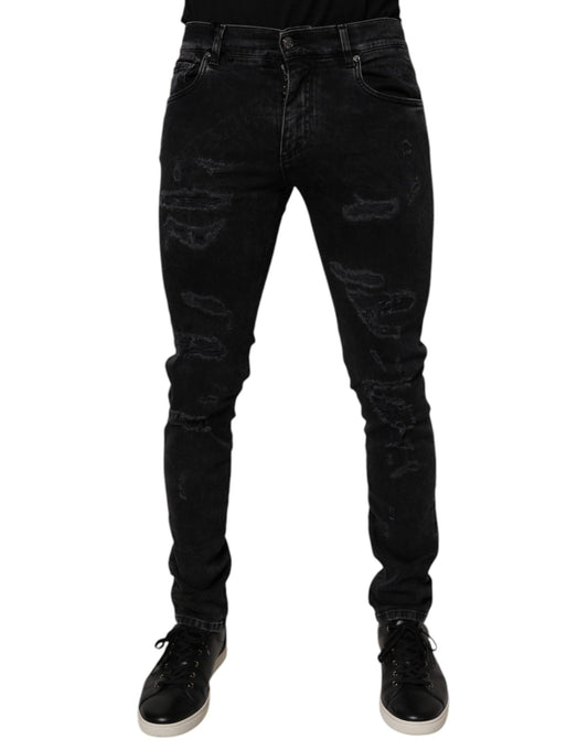 Jean skinny en coton noir déchiré pour homme