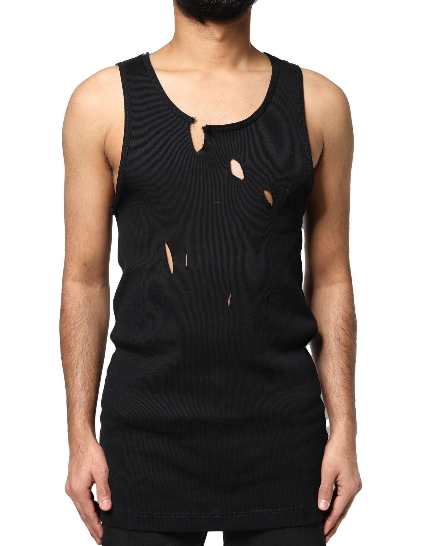T-shirt sans manches en coton noir style déchiré pour homme