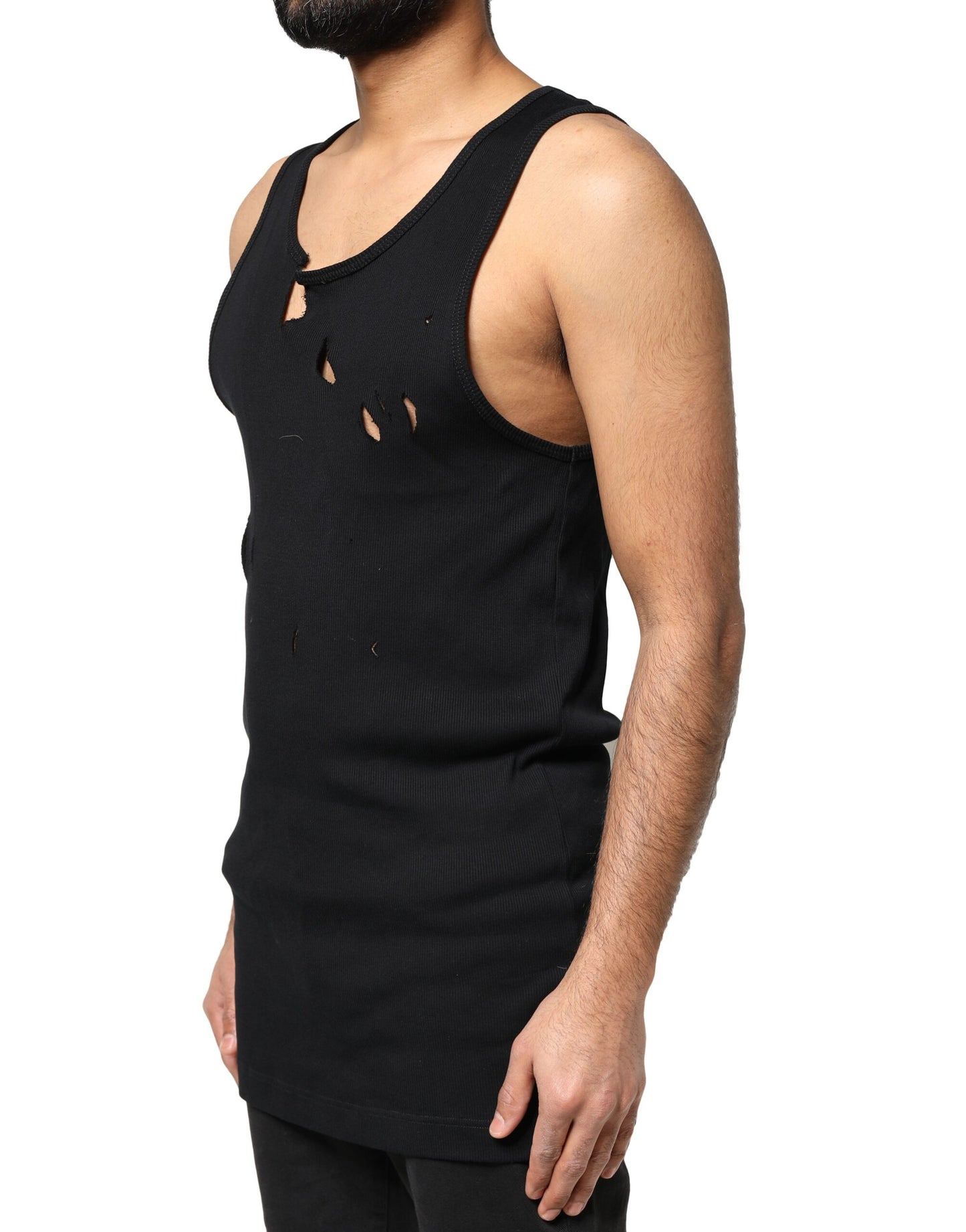 T-shirt sans manches en coton noir style déchiré pour homme