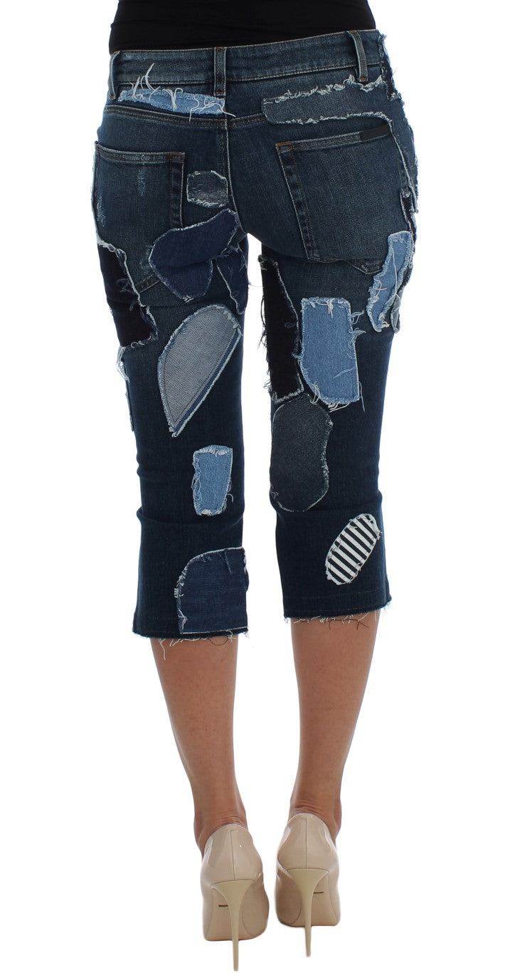 Pantalones cortos vaqueros de patchwork azul elásticos