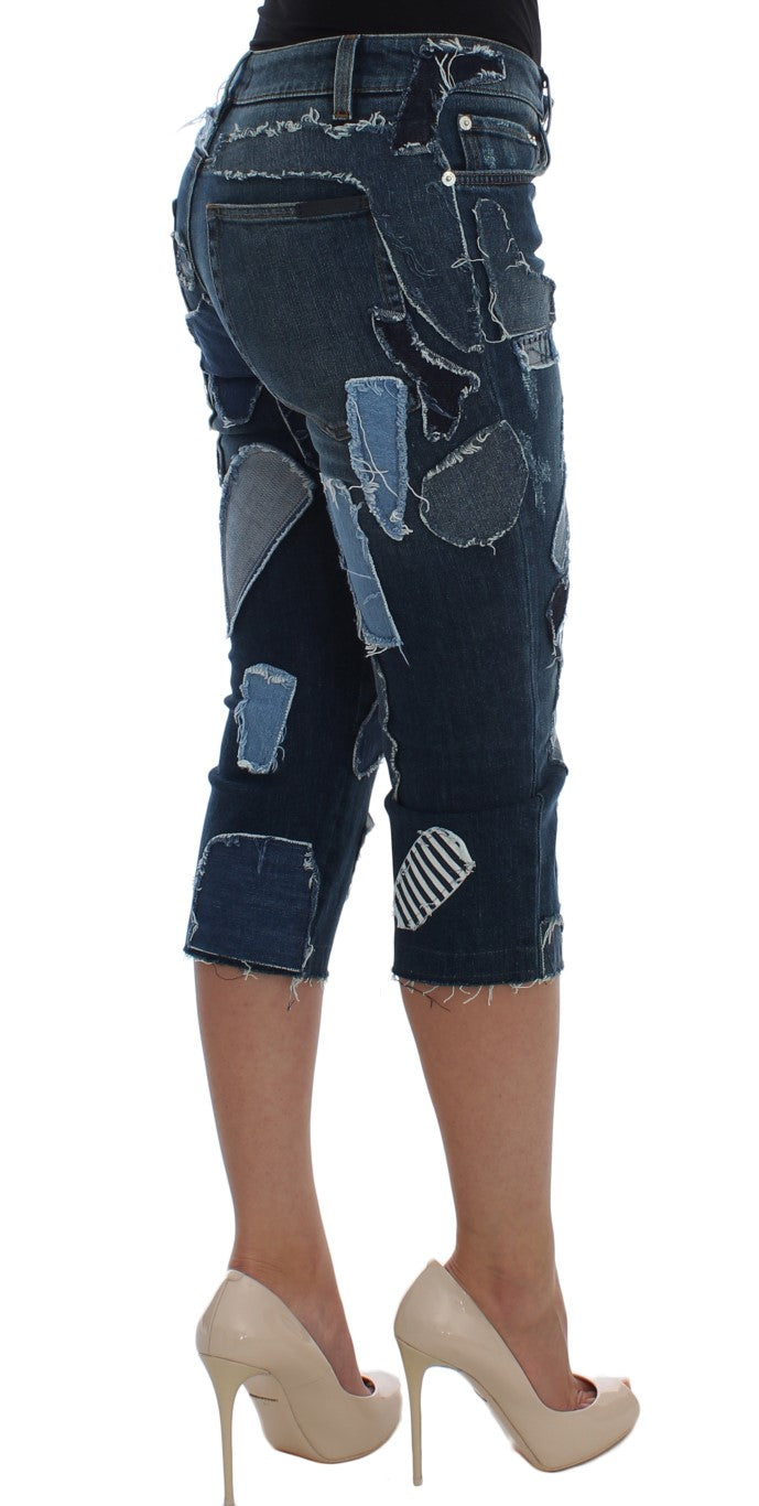 Pantalones cortos vaqueros de patchwork azul elásticos