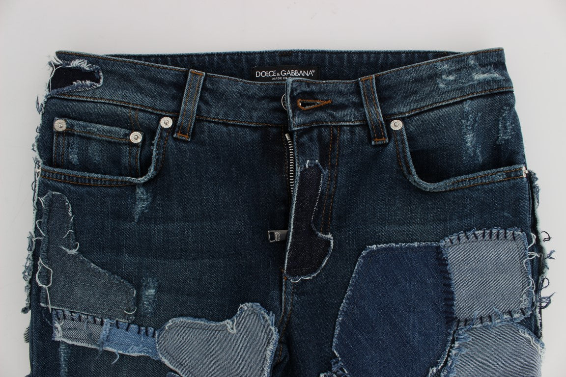 Pantalones cortos vaqueros de patchwork azul elásticos