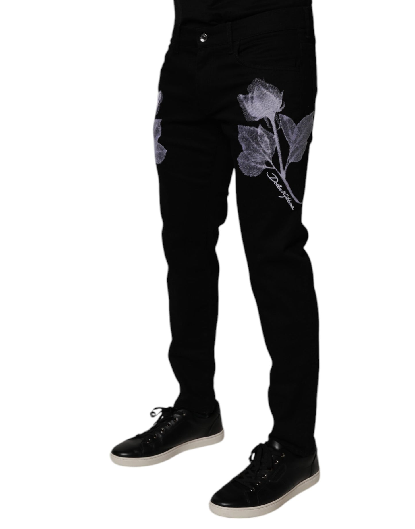 Jean skinny en coton noir à fleurs pour homme
