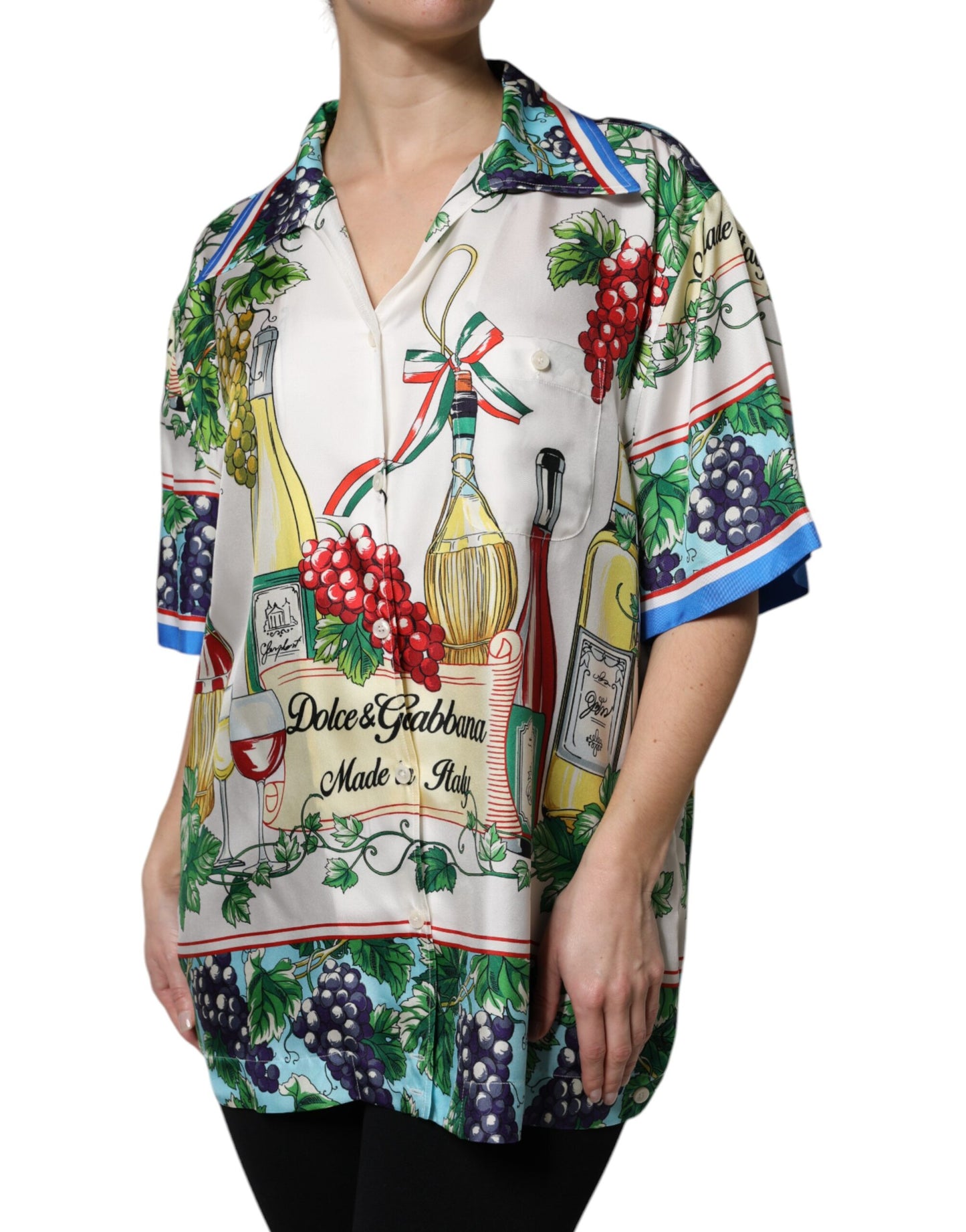 Camisa de manga corta de seda multicolor con estampado de comida