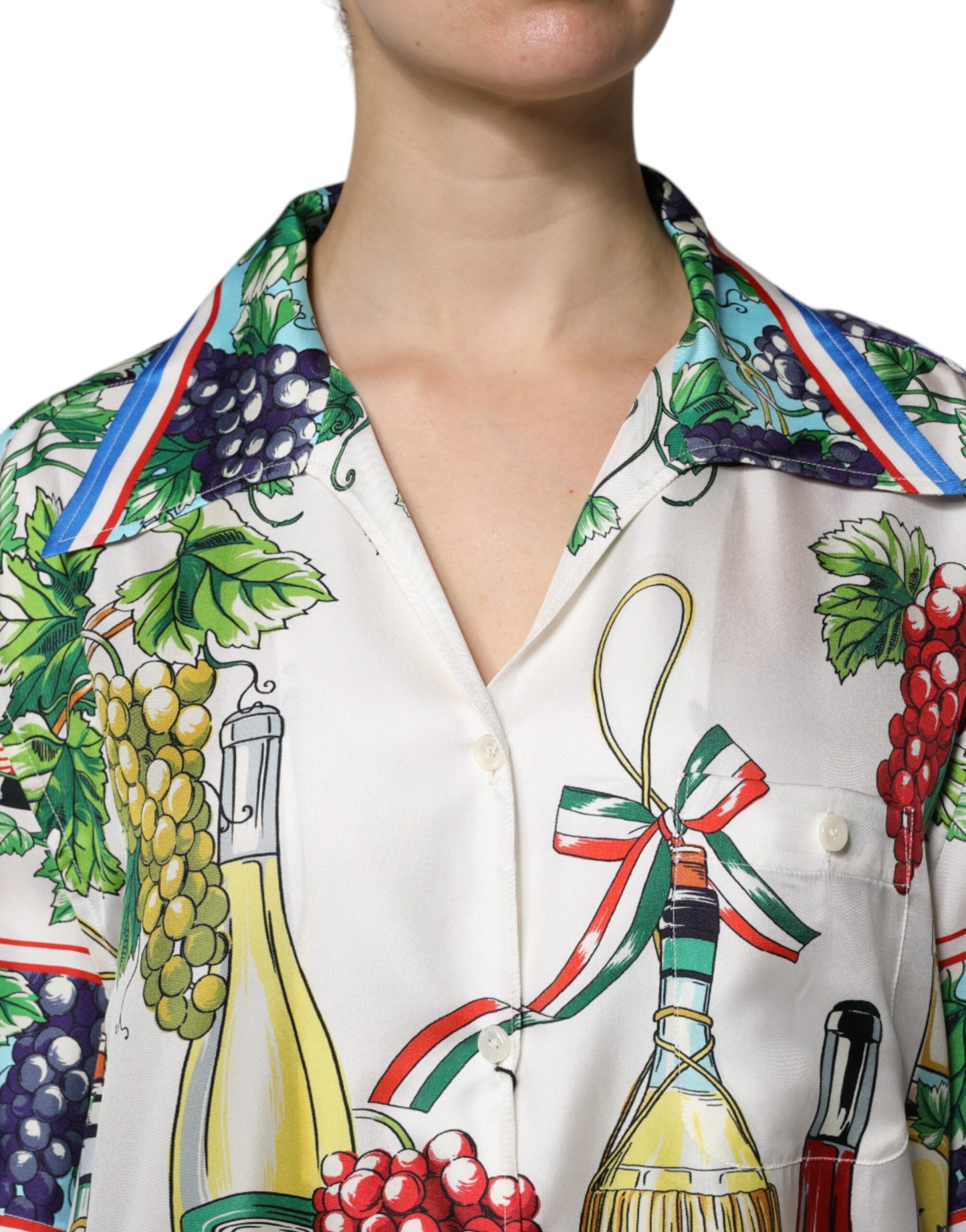 Camisa de manga corta de seda multicolor con estampado de comida
