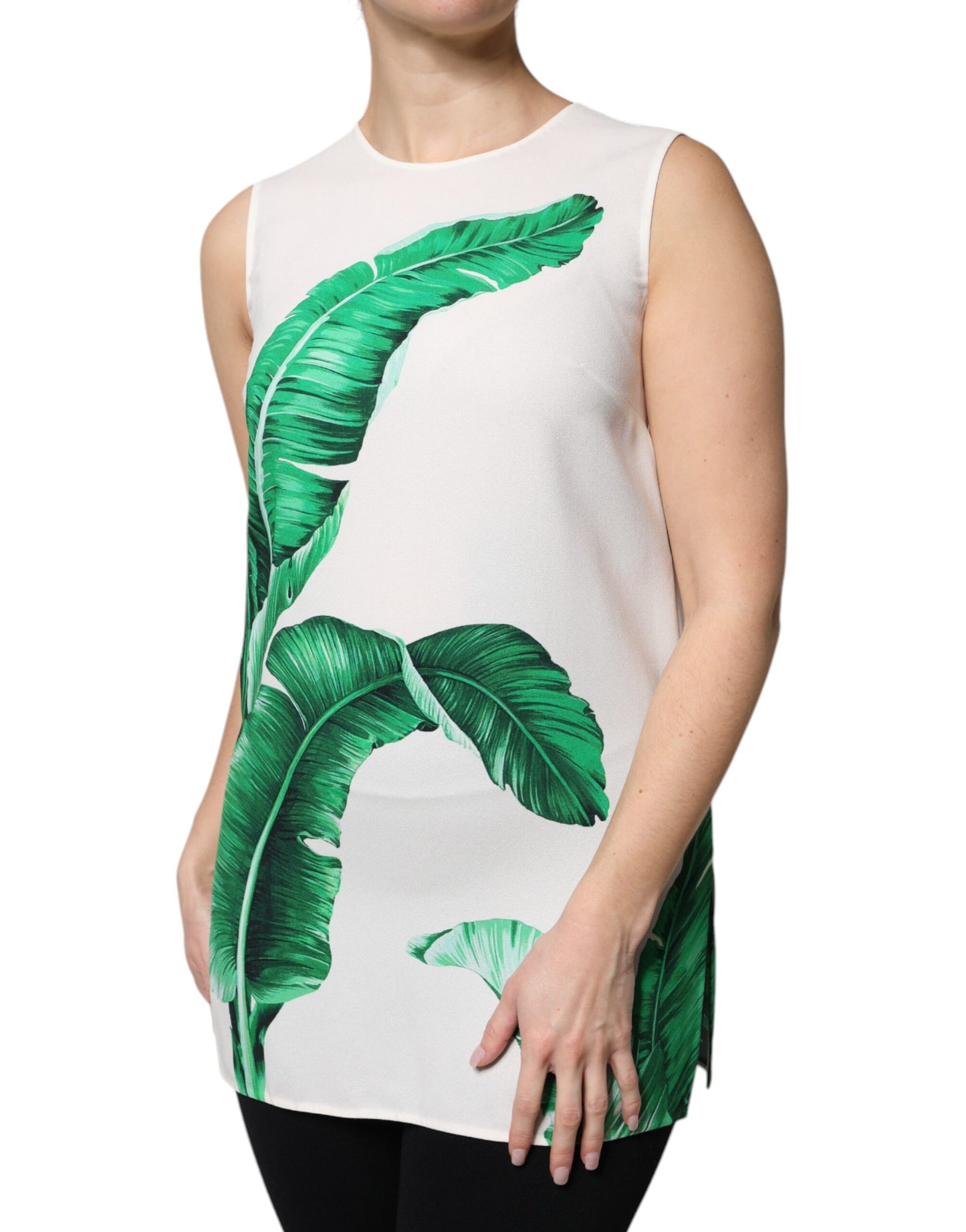 Camiseta sin mangas de cuello redondo con estampado de hojas de plátano blancas