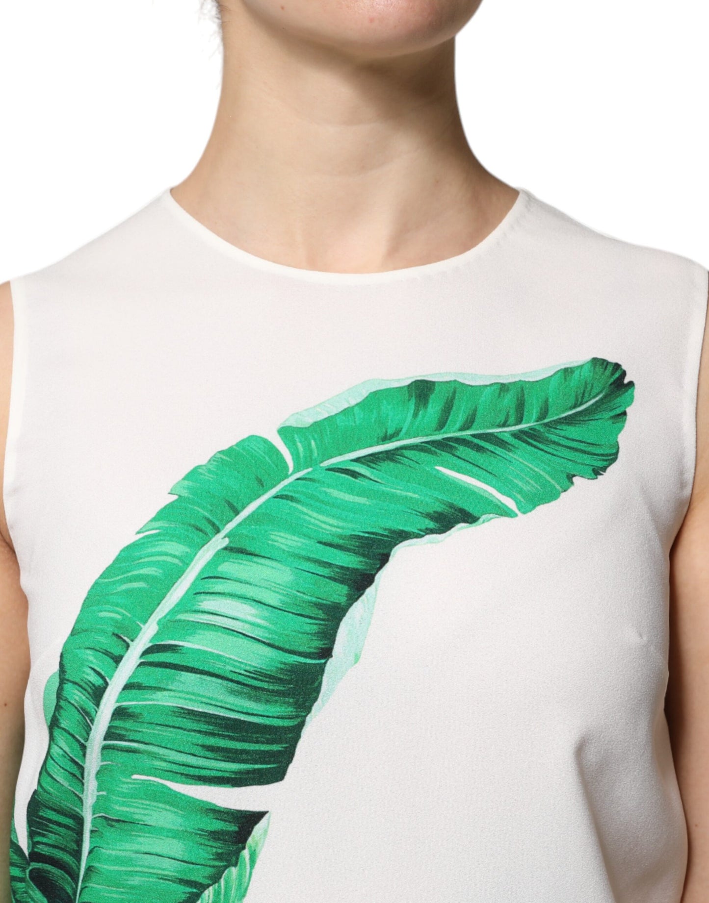 Camiseta sin mangas de cuello redondo con estampado de hojas de plátano blancas