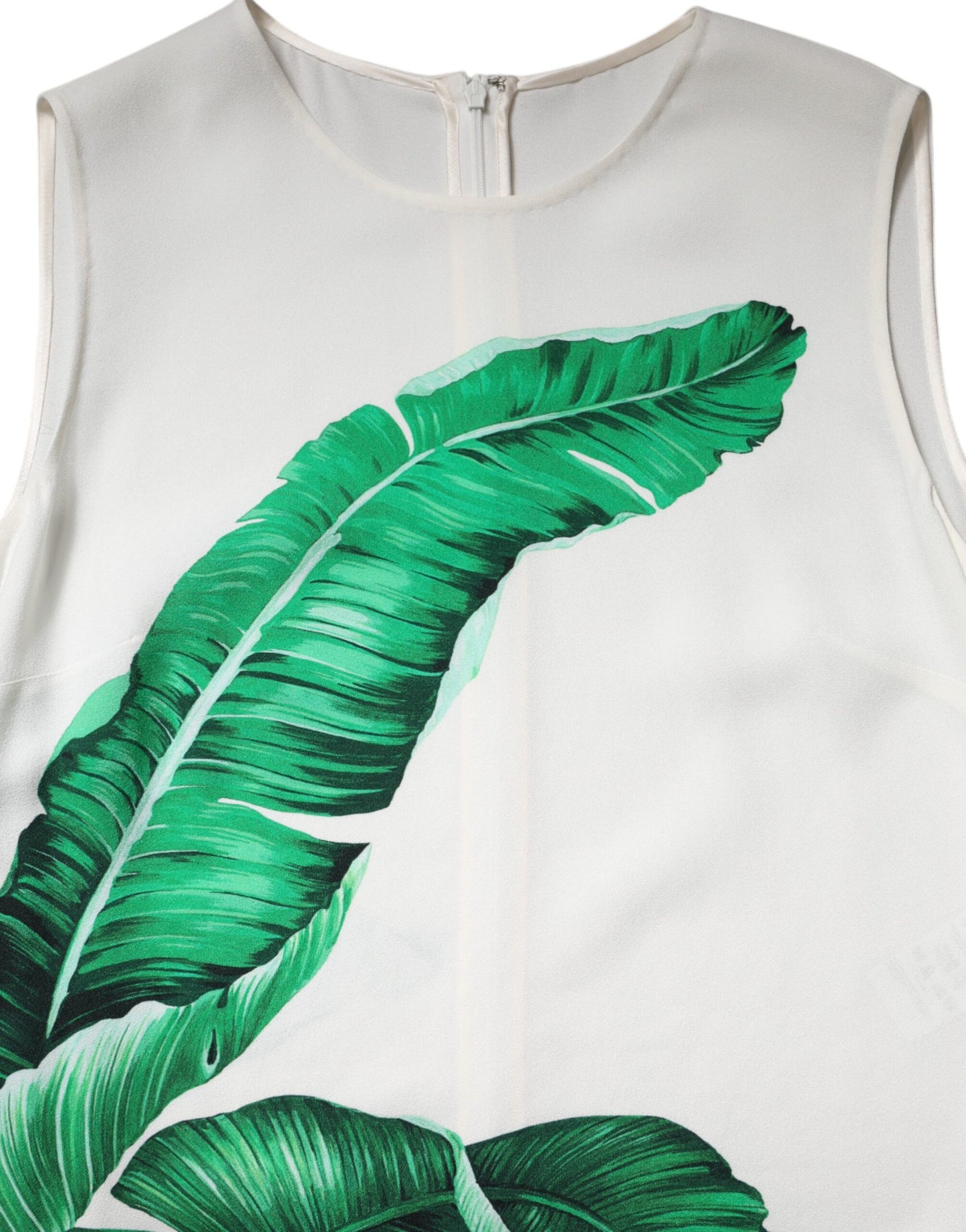 Camiseta sin mangas de cuello redondo con estampado de hojas de plátano blancas