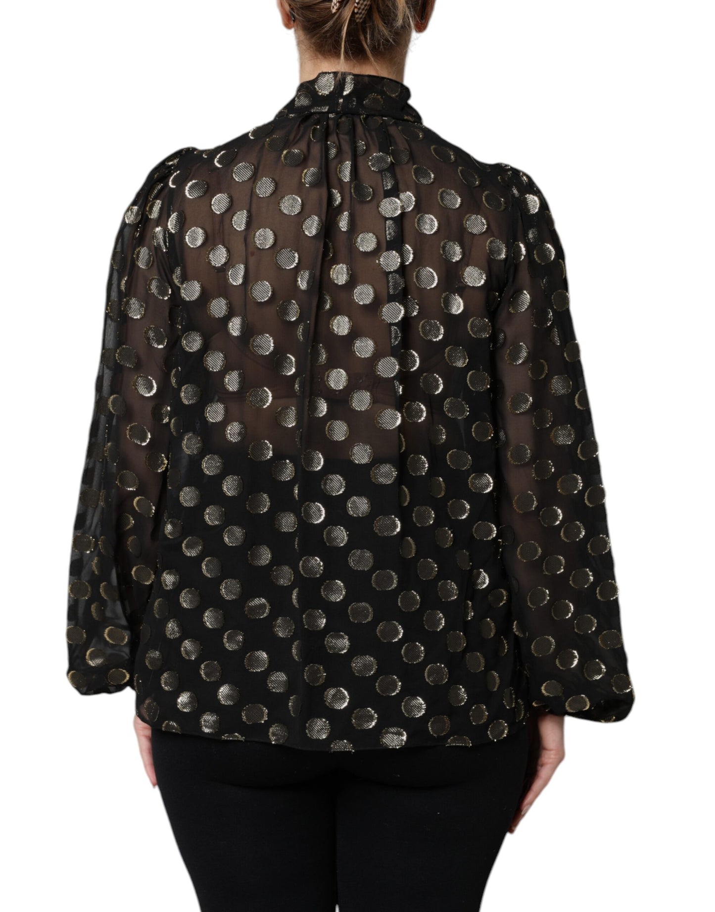 Blusa negra transparente con lunares y cuello anudado