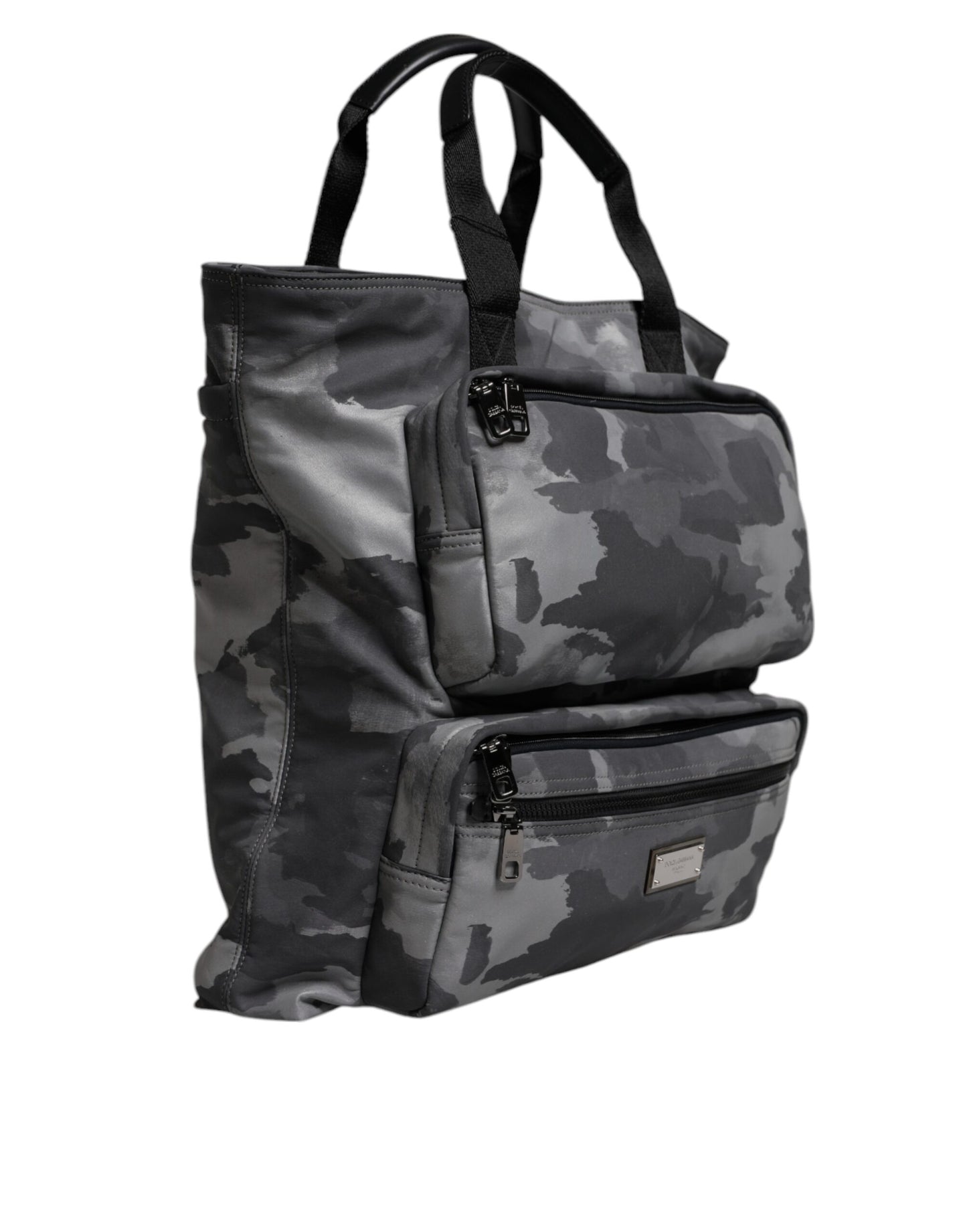 Bolso tote de algodón con múltiples compartimentos y estampado de camuflaje gris