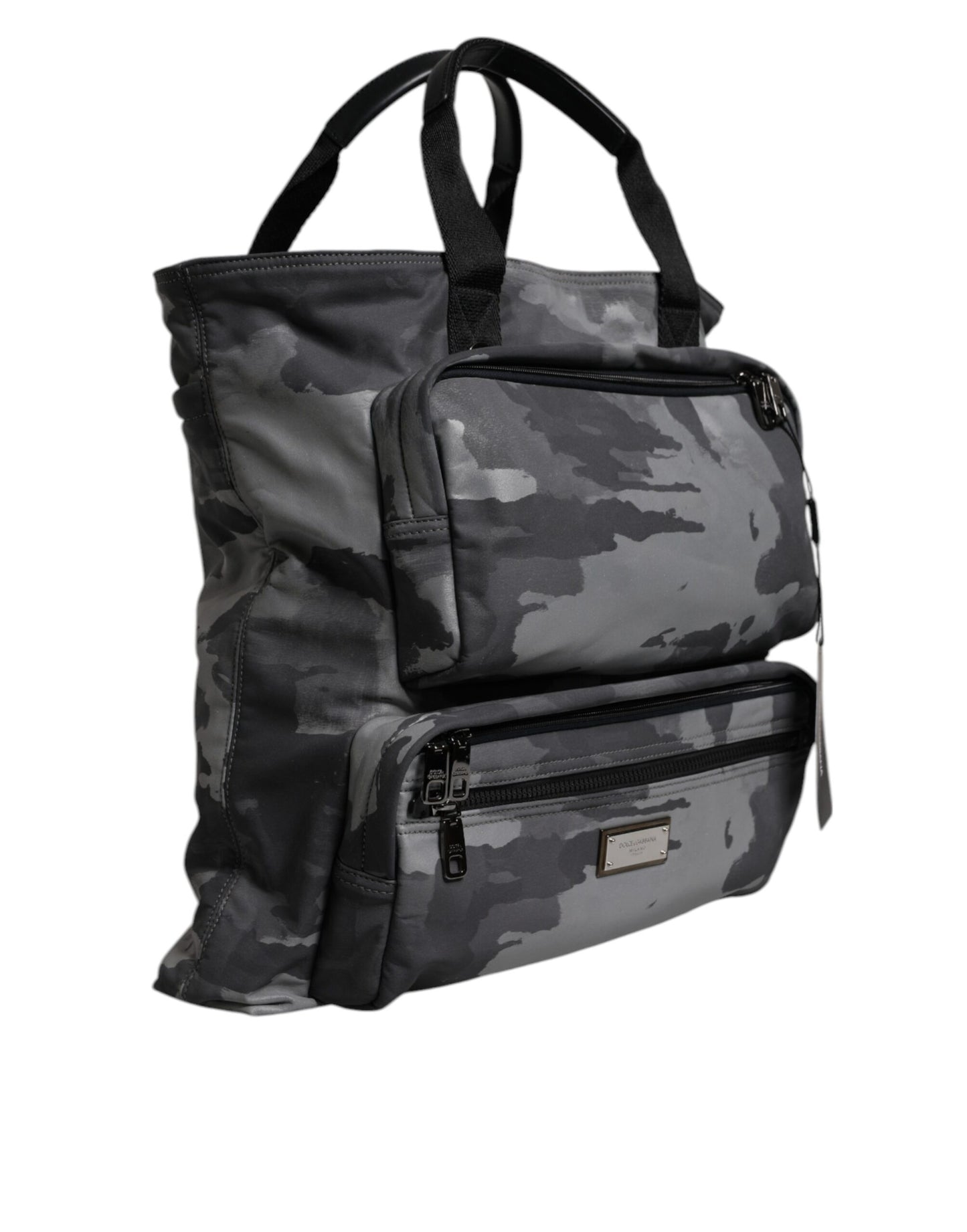 Bolso tote de algodón con múltiples compartimentos y estampado de camuflaje gris
