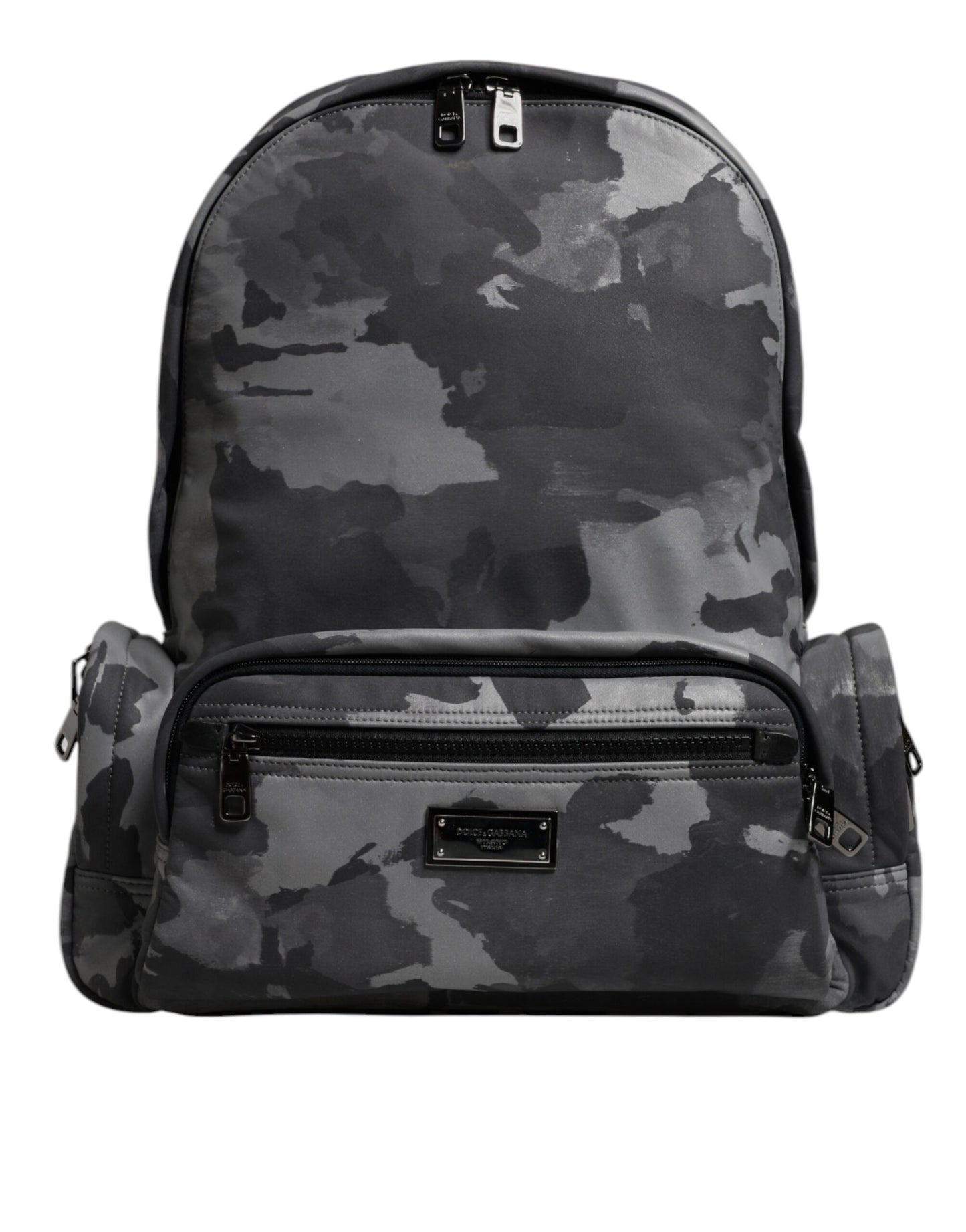 Mochila de algodón gris con placa de logotipo de camuflaje