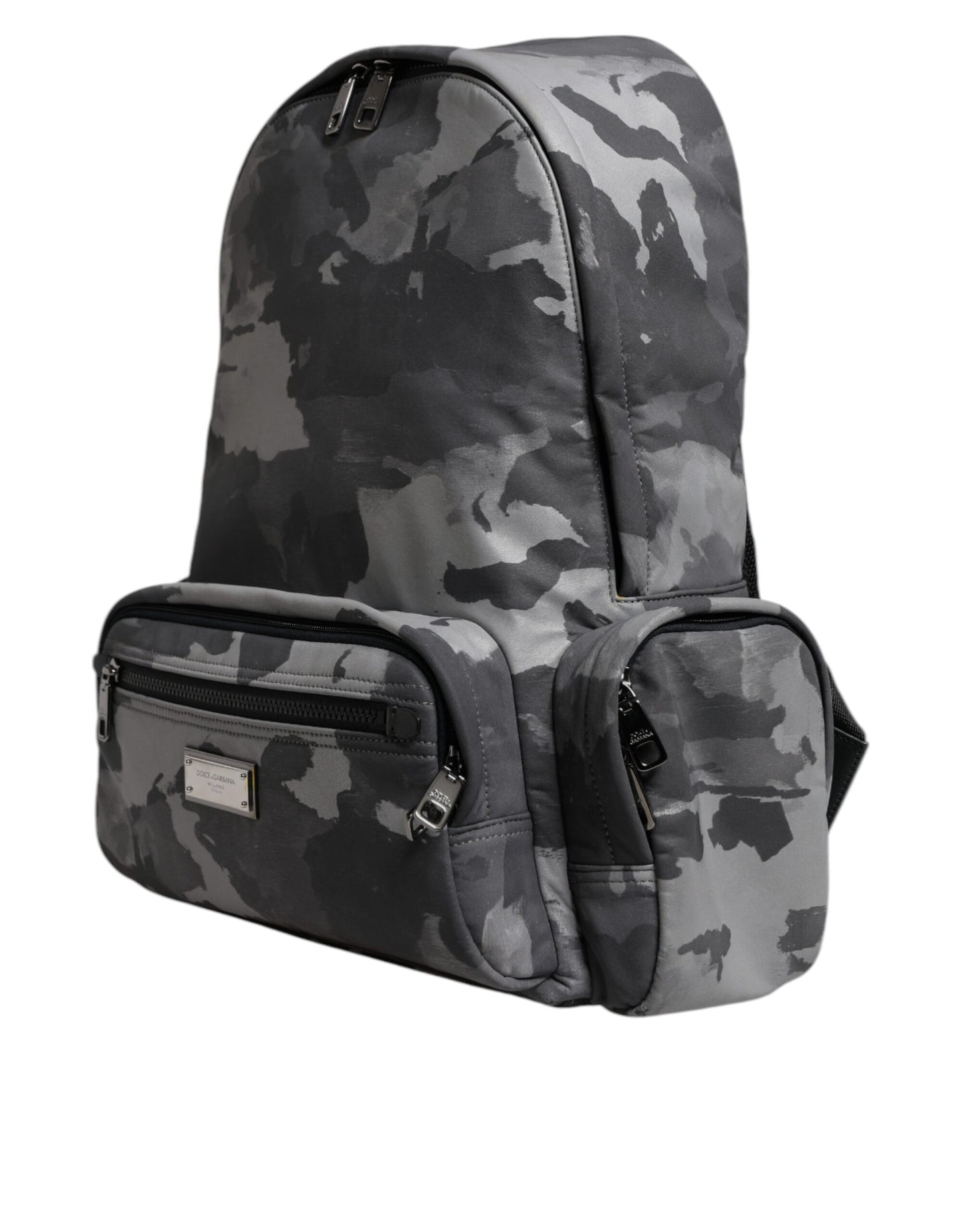 Mochila de algodón gris con placa de logotipo de camuflaje