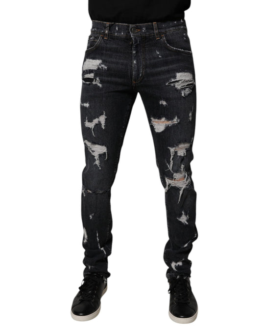 Jean skinny en coton noir déchiré pour homme