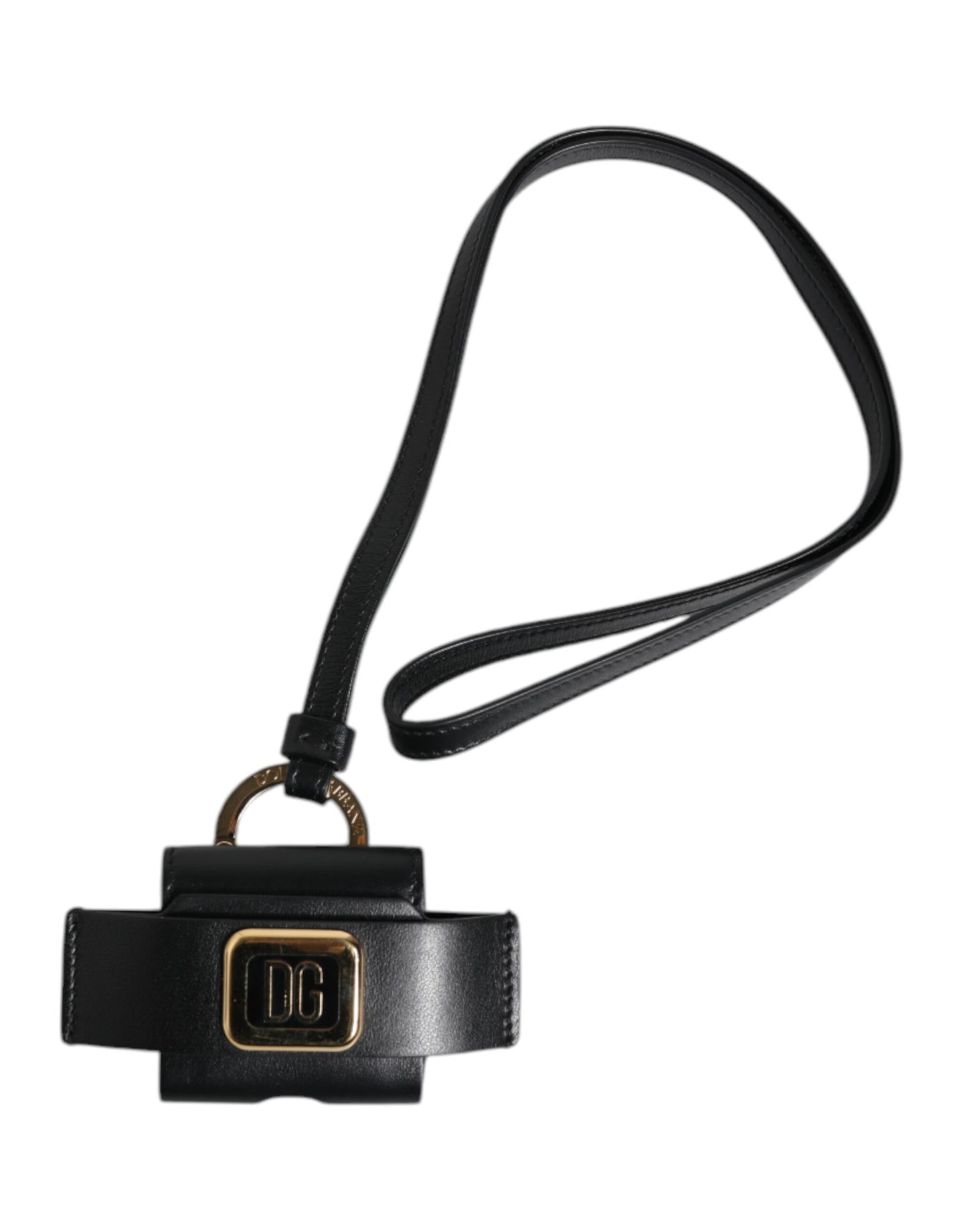 Estuche para AirPods con correa de cuero negra y placa de logotipo de metal dorado