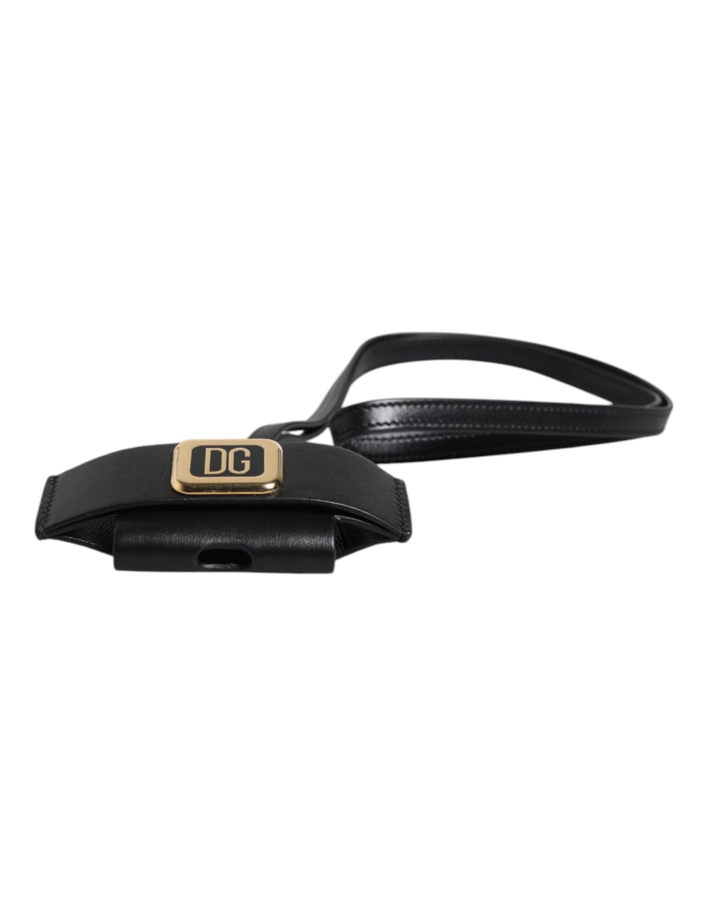Estuche para AirPods con correa de cuero negra y placa de logotipo de metal dorado