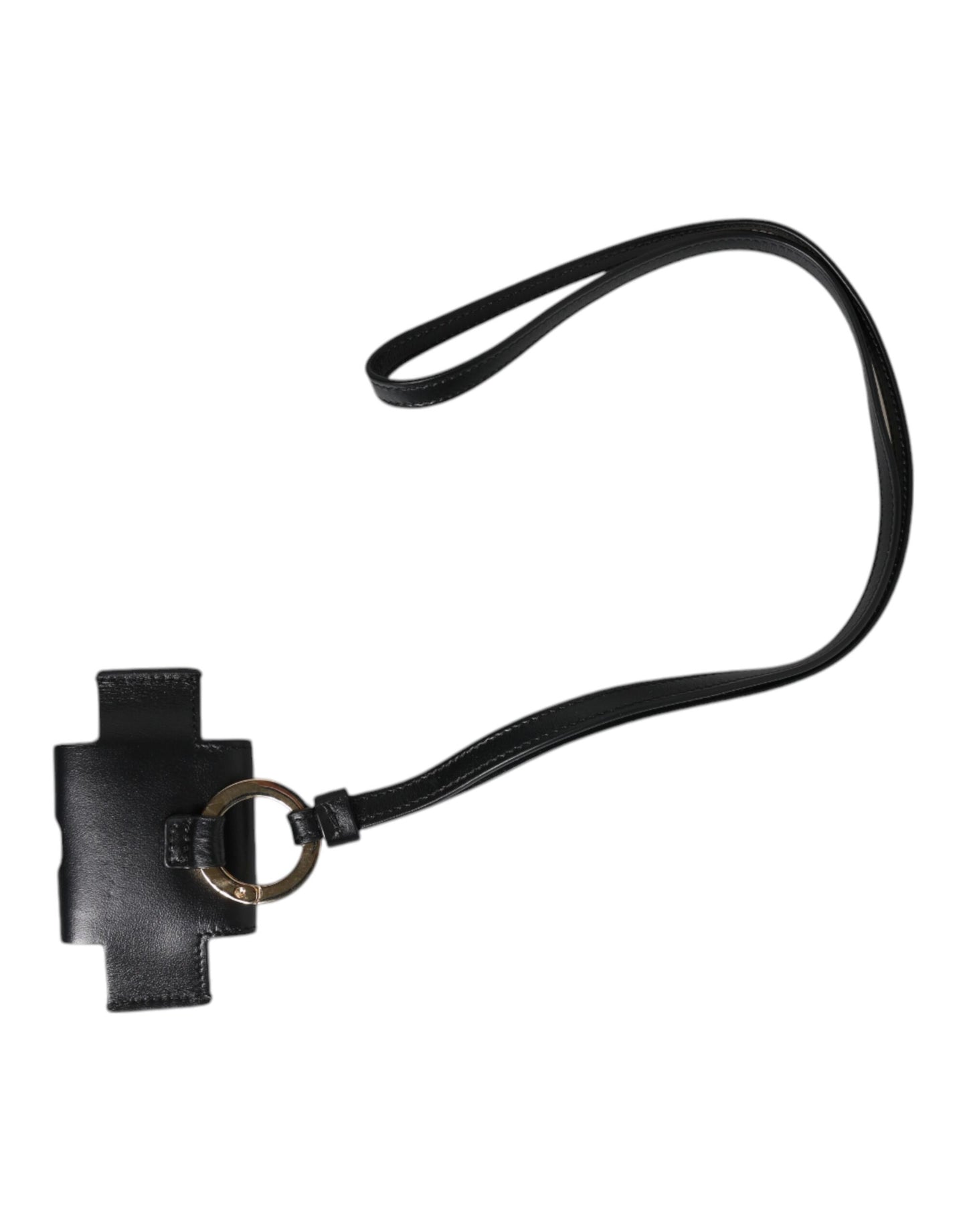 Estuche para AirPods con correa de cuero negra y placa de logotipo de metal dorado