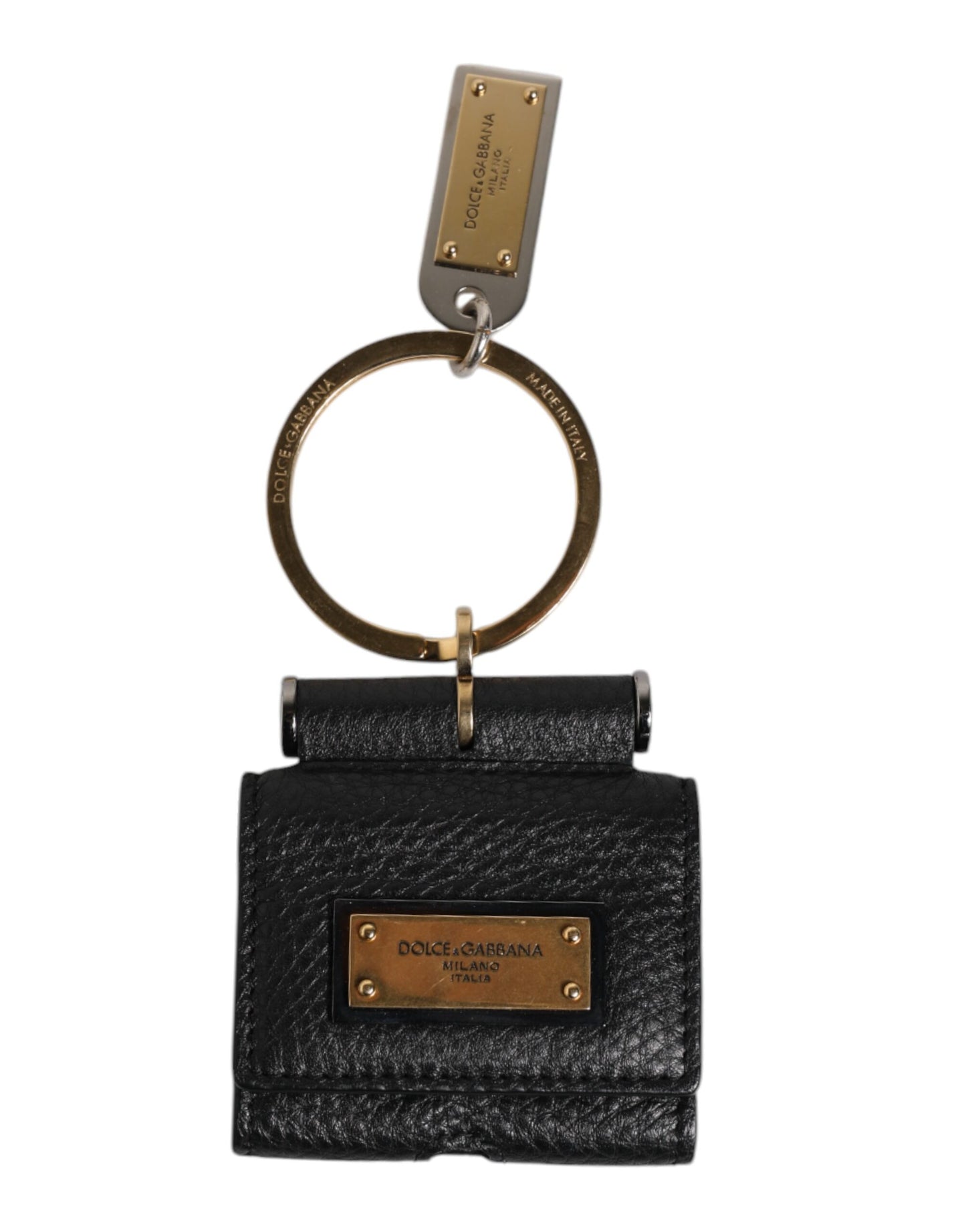 Estuche para AirPods con correa de cuero negra y placa de logotipo de metal dorado