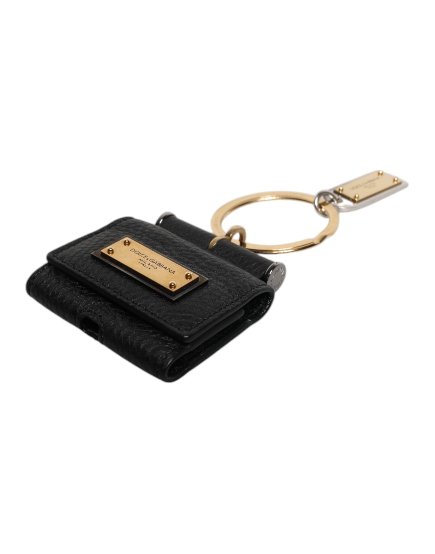 Estuche para AirPods con correa de cuero negra y placa de logotipo de metal dorado
